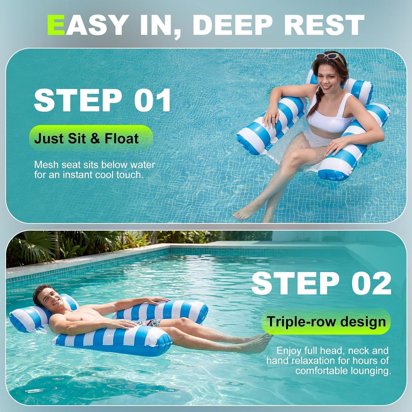 Inflatable Pool Floats Adult, 2 Pack Thick Pool Floaties Heavy Duty, Non-Stick PVC Rafts Chairs with Mesh Seat, Hammock Noodles Lounger for Summer Water Party Lake Beach