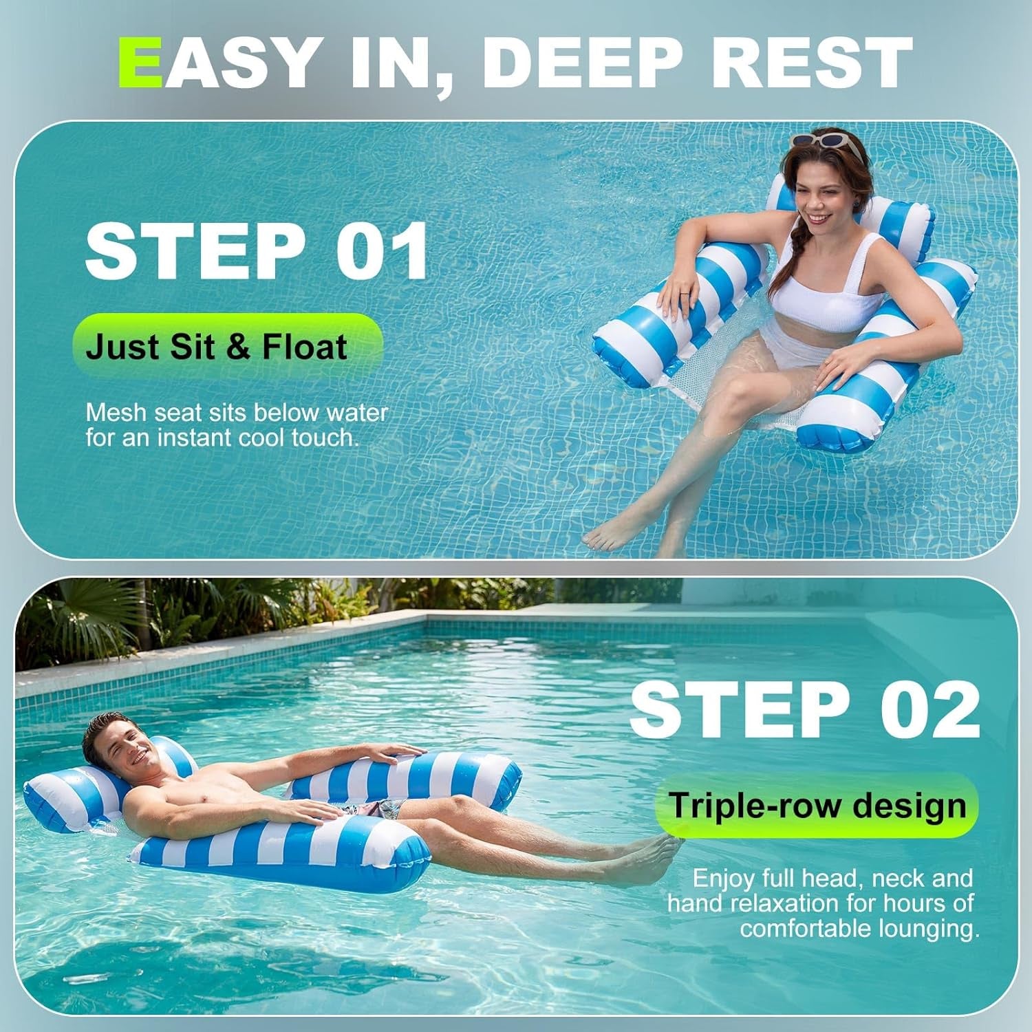 Inflatable Pool Floats Adult, 2 Pack Thick Pool Floaties Heavy Duty, Non-Stick PVC Rafts Chairs with Mesh Seat, Hammock Noodles Lounger for Summer Water Party Lake Beach