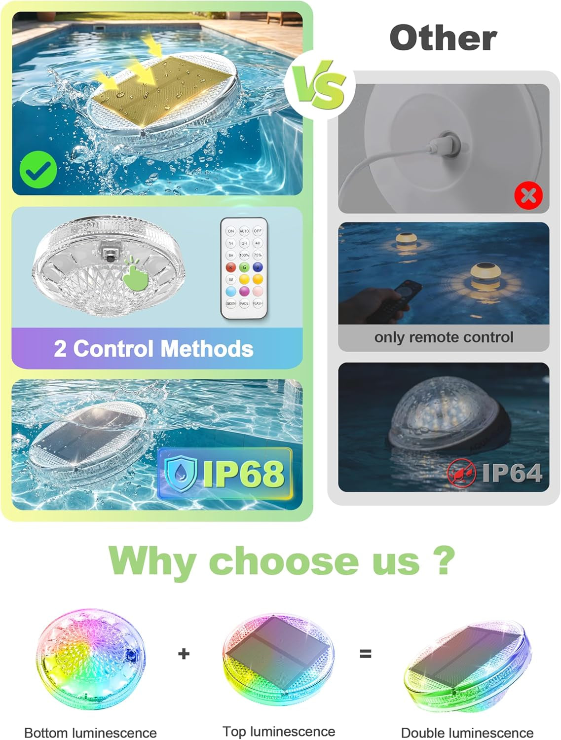 Floating Solar Pool Lights(2 Pack), IP68 Waterproof Solar Powered Pool Lights with Remote Control & Timer, 9 Lighting Colors& 3 Modes Floating Light for Inground above Ground Pool, Hot Tubs