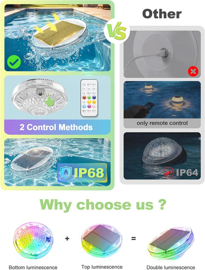 Floating Solar Pool Lights(3 Pack), IP68 Waterproof Solar Powered Pool Lights with Remote Control & Timer, 9 Lighting Colors& 3 Modes Pool Light for Inground above Ground Pool, Hot Tubs