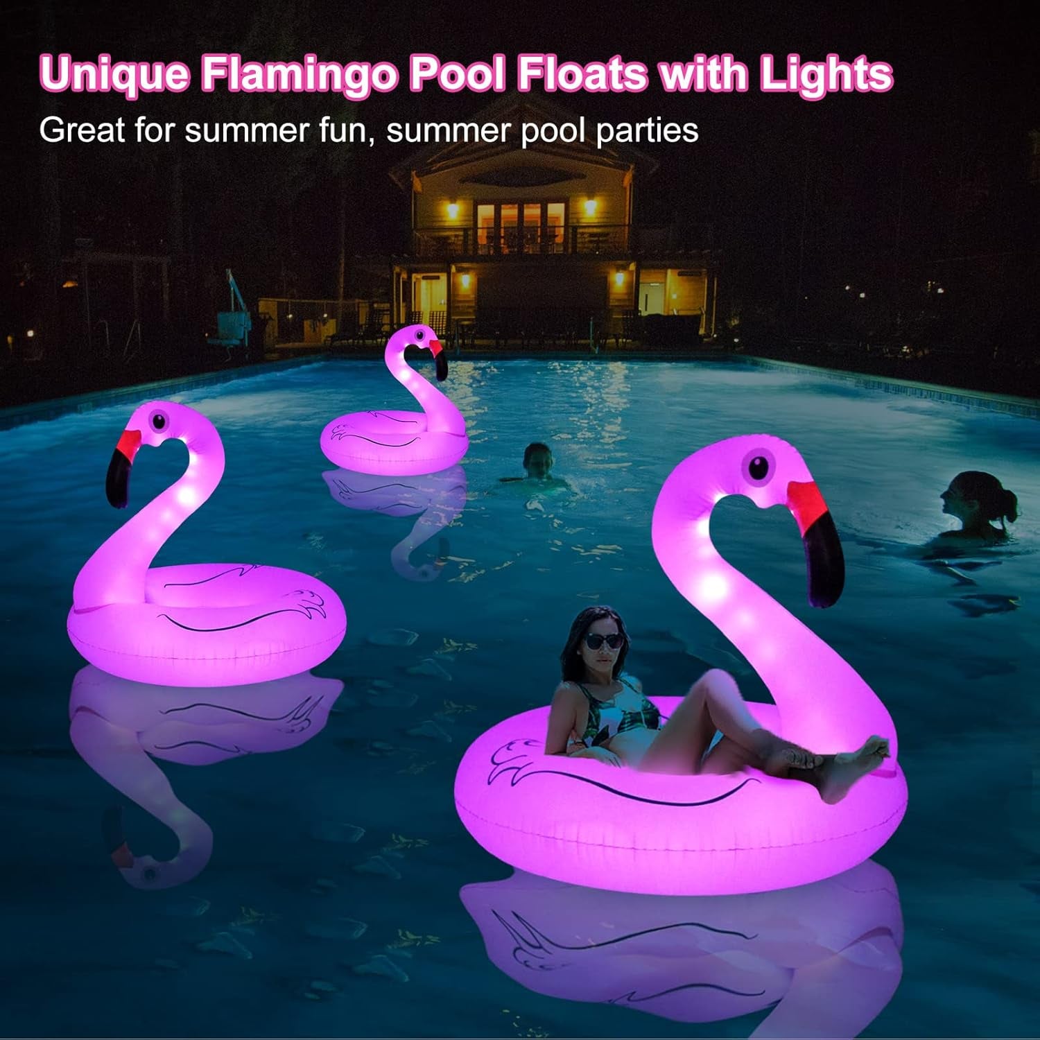 Inflatable Flamingo Pool Floats with Lights,  Solar Powered Pink Pools Flamingo Float Rings, 42'' Lake Beach Floaties Swimming Rings Summer Pool Raft Lounger for Adults Water Party Supplies