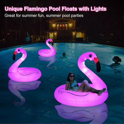 Inflatable Flamingo Pool Floats with Lights,  Solar Powered Pink Pools Flamingo Float Rings, 42'' Lake Beach Floaties Swimming Rings Summer Pool Raft Lounger for Adults Water Party Supplies