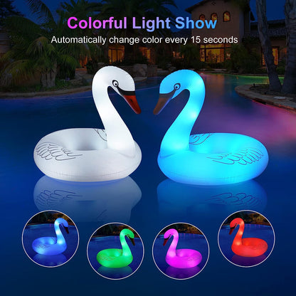 Inflatable Swan Pool Floats with Colorful Lights,  Solar LED Color Changing Swan Swim Float Rings, 42 Inch Large Pool Beach Floaties Lake Beach Floaty Summer Pool Raft Lounge for Adults