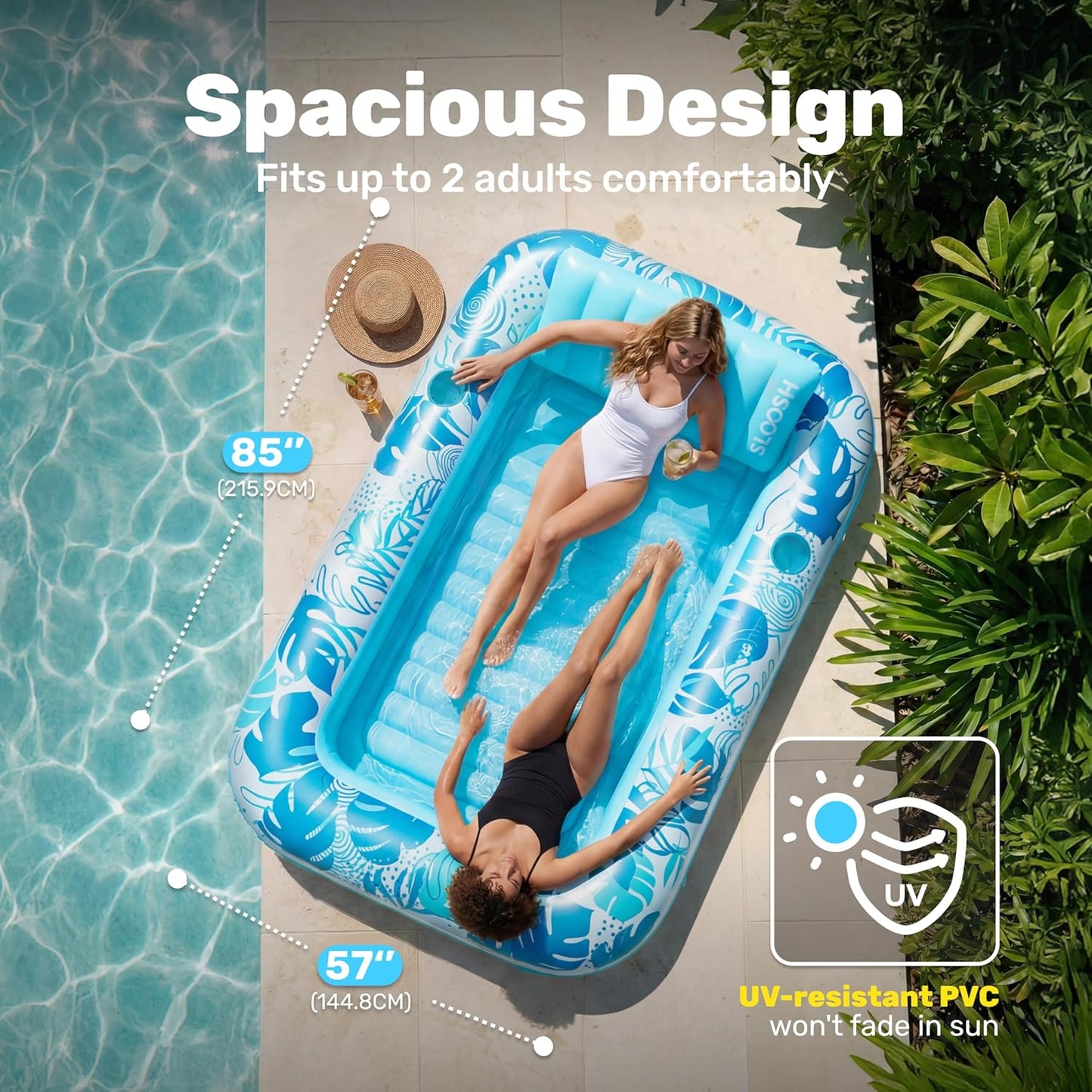 Inflatable Tanning Pool Lounger Float, 85" X 57" Extra Large Pool Floats Adult with Pillow, 4 in 1 Suntan Tub Raft Floatie,Sunbathing Bed Lounge for Water Blow up Ball Pit Party Gifts, Xl-Blue