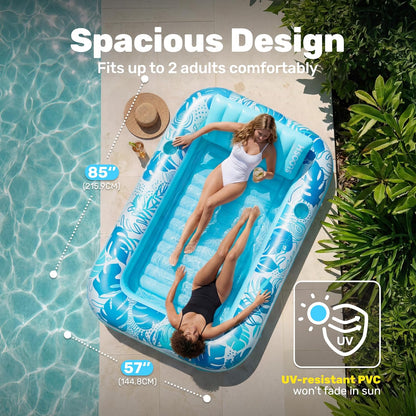 Inflatable Tanning Pool Lounger Float, 85" X 57" Extra Large Pool Floats Adult with Pillow, 4 in 1 Suntan Tub Raft Floatie,Sunbathing Bed Lounge for Water Blow up Ball Pit Party Gifts, Xl-Blue