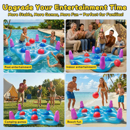 2 in 1 Pool Toys Games Set Inflatable Pool Float with 10 Balls & 8 Rings Tic-Tac-Toe Pool Games for Adults Kids, Fun Summer Party Beach Outdoor Yard Pool Game