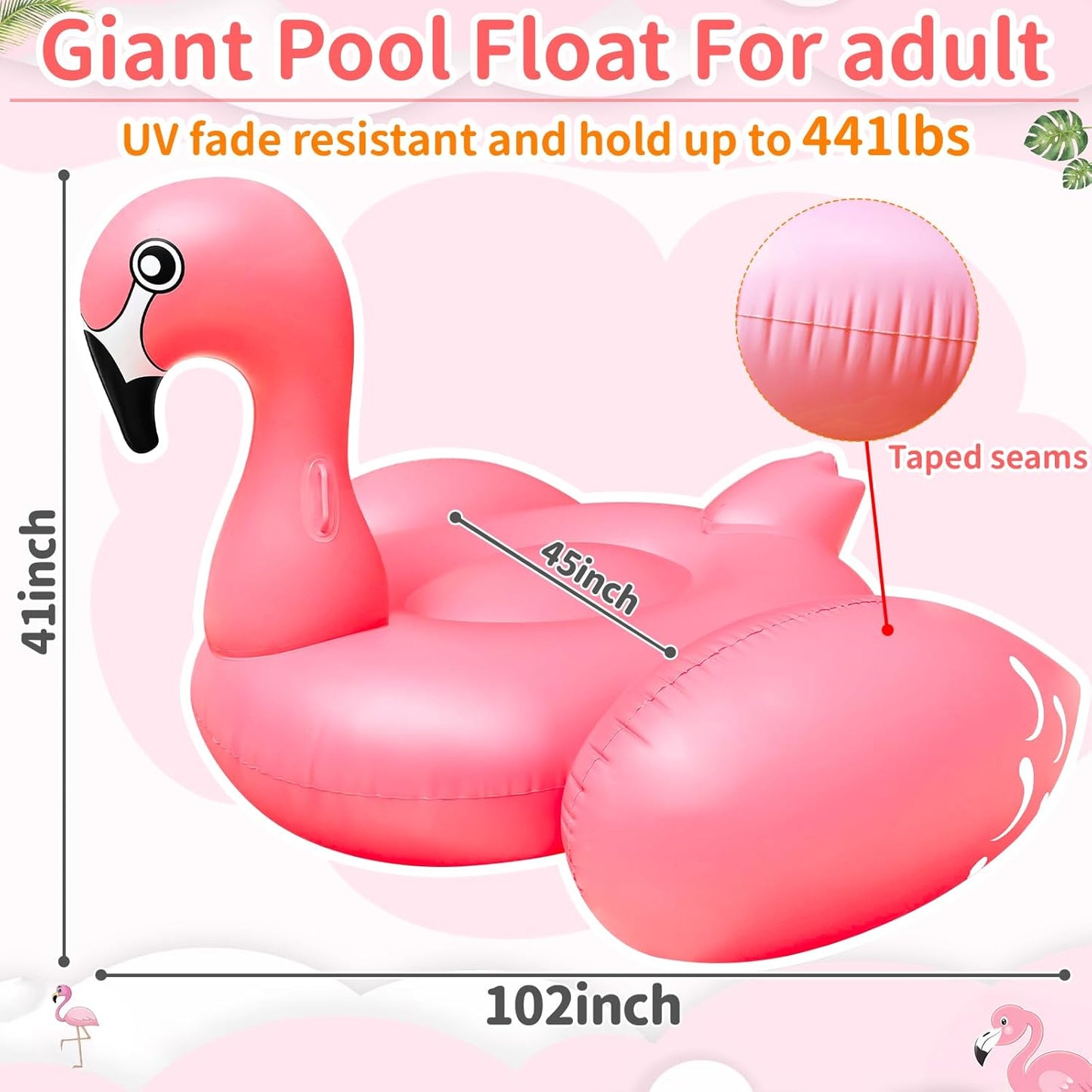 102" Giant Flamingo Pool Float Inflatable Summer Beach Float Swimming Pool Party Toys Ride-On Lounge Raft Water Pool Floatie for 2-4 Multi Players Adults Lake Floats, Flamingo