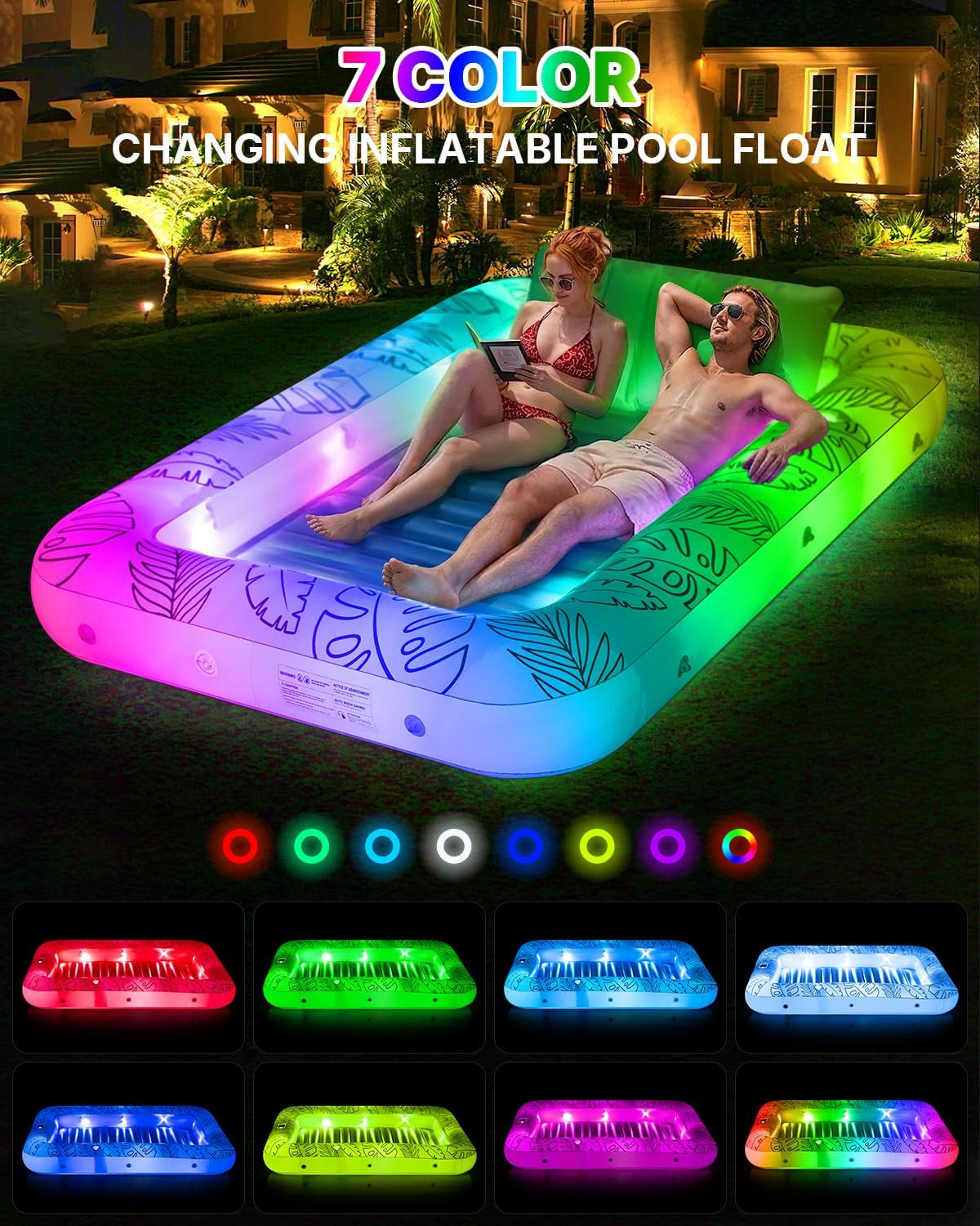 XL Inflatable Tanning Pool Float for 2 Adults with Lights,4 in 1 Suntan Tub Raft Float with Pillow, Cup Holders,85" X 59" Extra Large Blow up Pool Floats for Sunbathing, Pool, Backyard, Beach, Lake