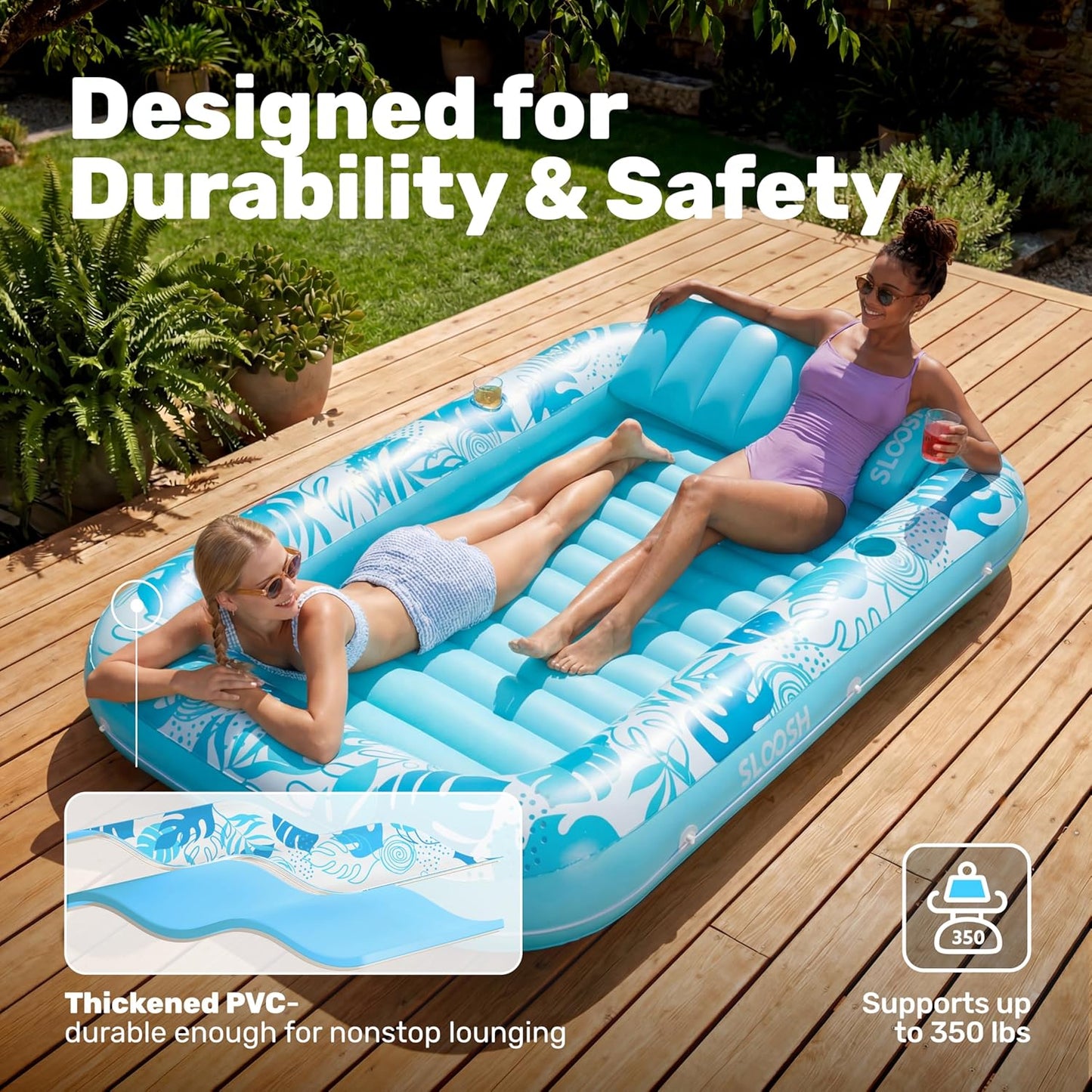 Inflatable Tanning Pool Lounger Float, 85" X 57" Extra Large Pool Floats Adult with Pillow, 4 in 1 Suntan Tub Raft Floatie,Sunbathing Bed Lounge for Water Blow up Ball Pit Party Gifts, Xl-Blue