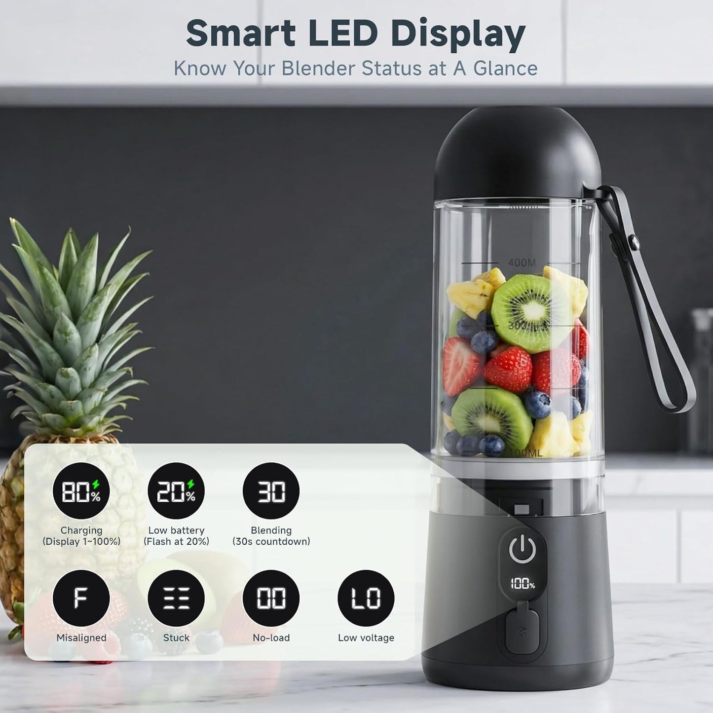 Portable Blender, 8 Blades Personal Size Smoothie Blender for Shakes, USB C Rechargeable Juicer Cup with LED Display, Travel Friendly Mini Mixer for Home, Office, Gym, 17Oz, Black