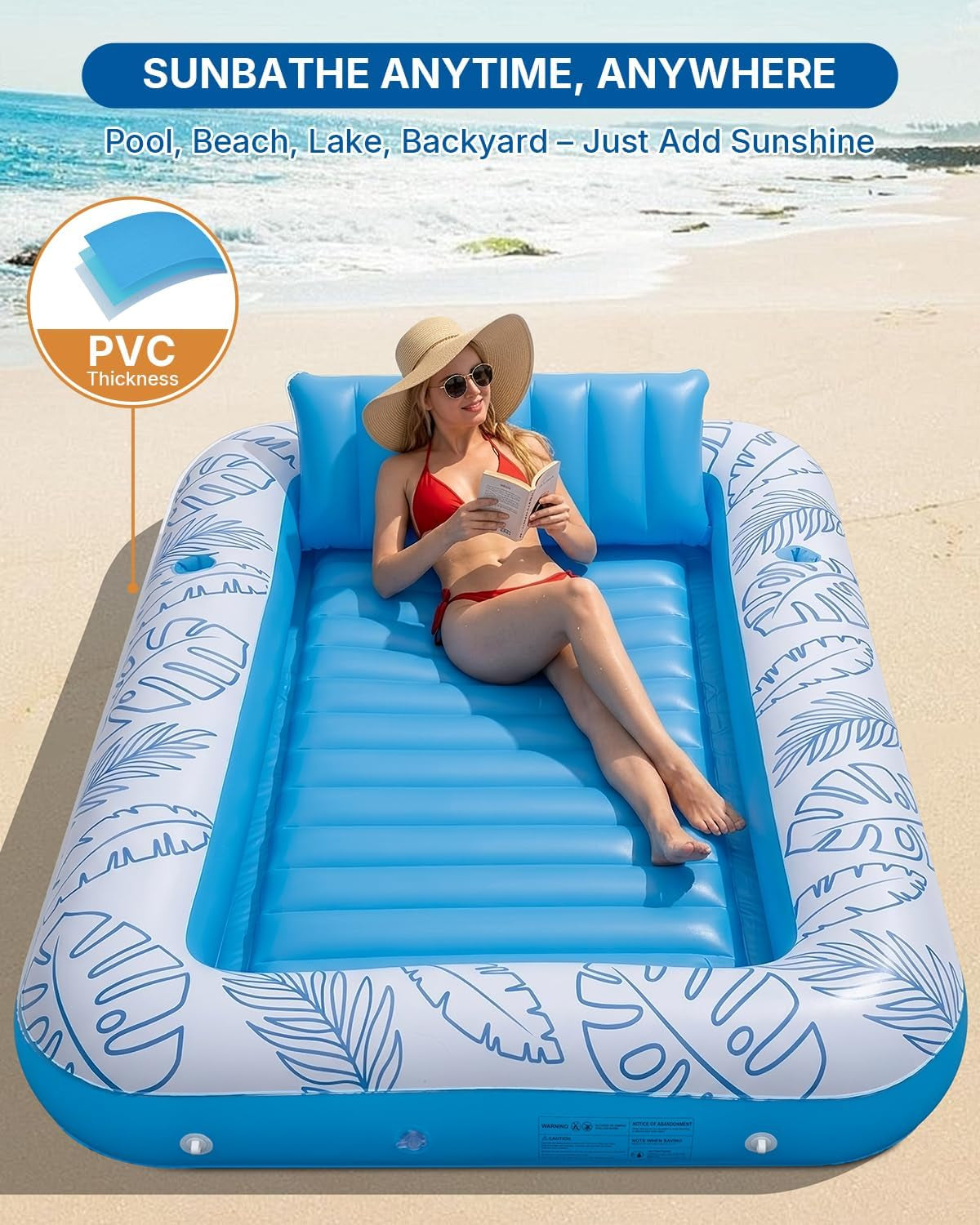 XL Inflatable Tanning Pool Float for 2 Adults with Lights,4 in 1 Suntan Tub Raft Float with Pillow, Cup Holders,85" X 59" Extra Large Blow up Pool Floats for Sunbathing, Pool, Backyard, Beach, Lake