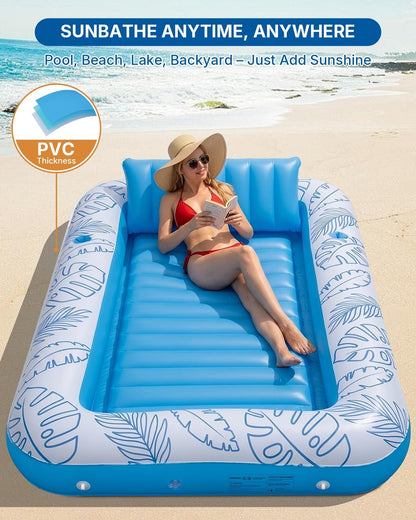 XL Inflatable Tanning Pool Float for 2 Adults with Lights,4 in 1 Suntan Tub Raft Float with Pillow, Cup Holders,85" X 59" Extra Large Blow up Pool Floats for Sunbathing, Pool, Backyard, Beach, Lake