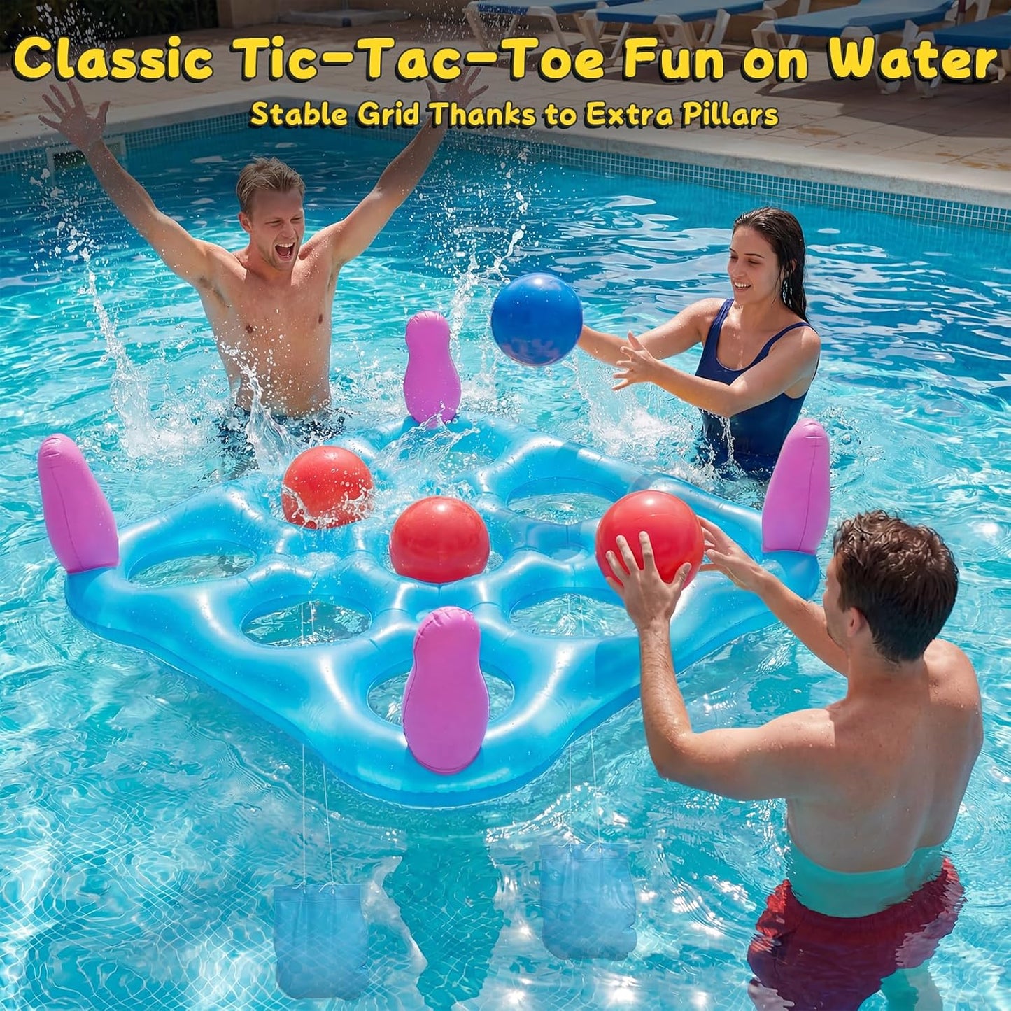 2 in 1 Pool Toys Games Set Inflatable Pool Float with 10 Balls & 8 Rings Tic-Tac-Toe Pool Games for Adults Kids, Fun Summer Party Beach Outdoor Yard Pool Game