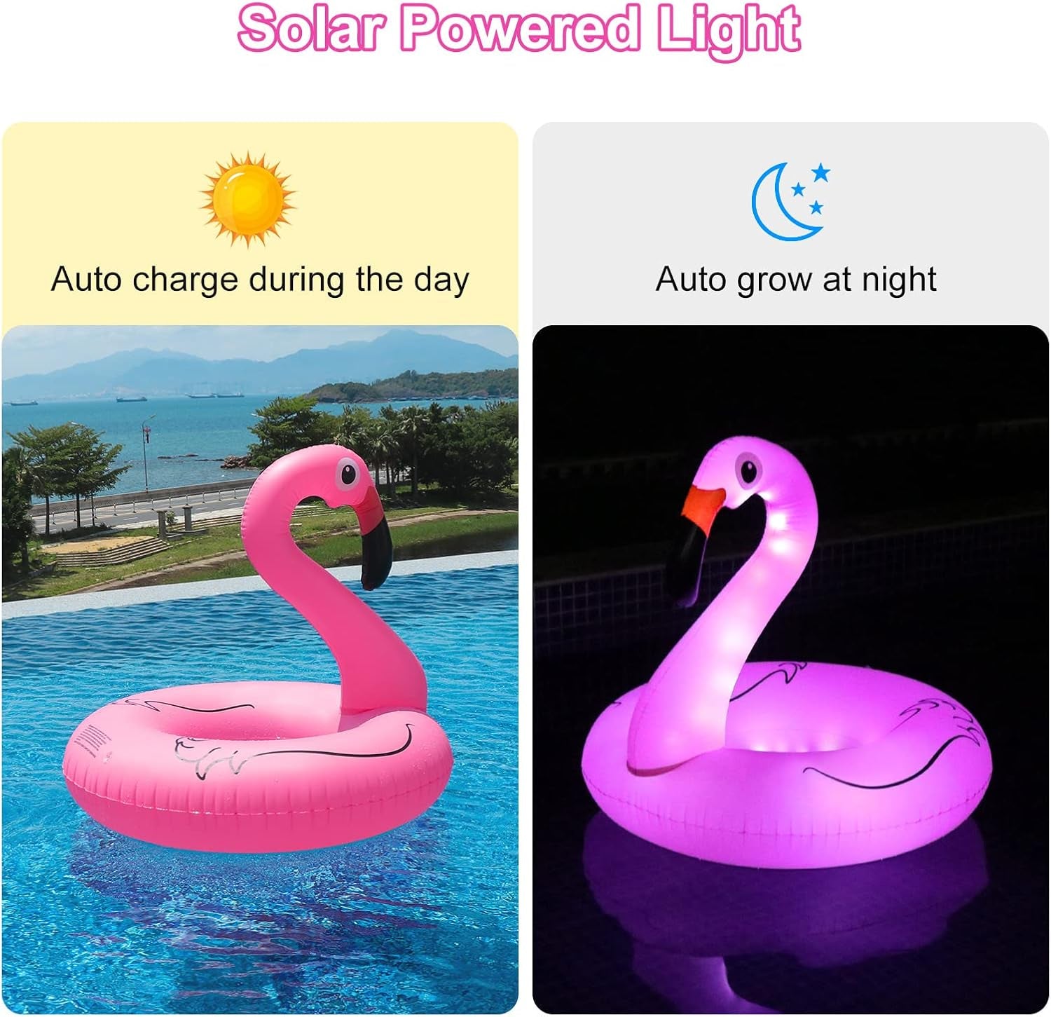 Inflatable Flamingo Pool Floats with Lights,  Solar Powered Pink Pools Flamingo Float Rings, 42'' Lake Beach Floaties Swimming Rings Summer Pool Raft Lounger for Adults Water Party Supplies