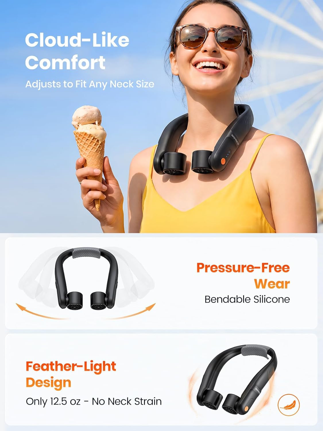 Portable Neck Fan, 5200Mah Rechargeable up to 15H, Hands-Free Wearable Fan with Dual Rotatable Vents & 60° Adjustable Airflow for Office, Travel, Camping & Outdoor