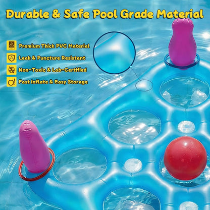 2 in 1 Pool Toys Games Set Inflatable Pool Float with 10 Balls & 8 Rings Tic-Tac-Toe Pool Games for Adults Kids, Fun Summer Party Beach Outdoor Yard Pool Game
