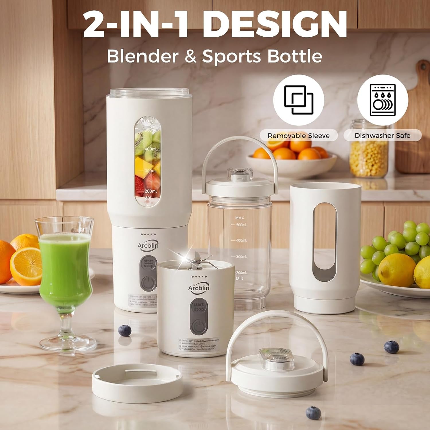 Portable Blender for Shakes and Smoothies, 17Oz Personal Blender with Detachable To-Go Cup & Carry Handle, USB-C Rechargeable Mini Juicer, Auto-Shutoff, BPA Free, Dishwasher Safe, White