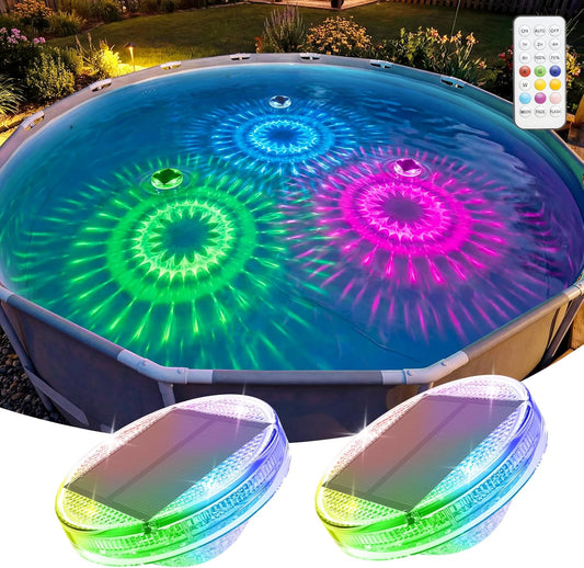 Floating Solar Pool Lights(2 Pack), IP68 Waterproof Solar Powered Pool Lights with Remote Control & Timer, 9 Lighting Colors& 3 Modes Floating Light for Inground above Ground Pool, Hot Tubs