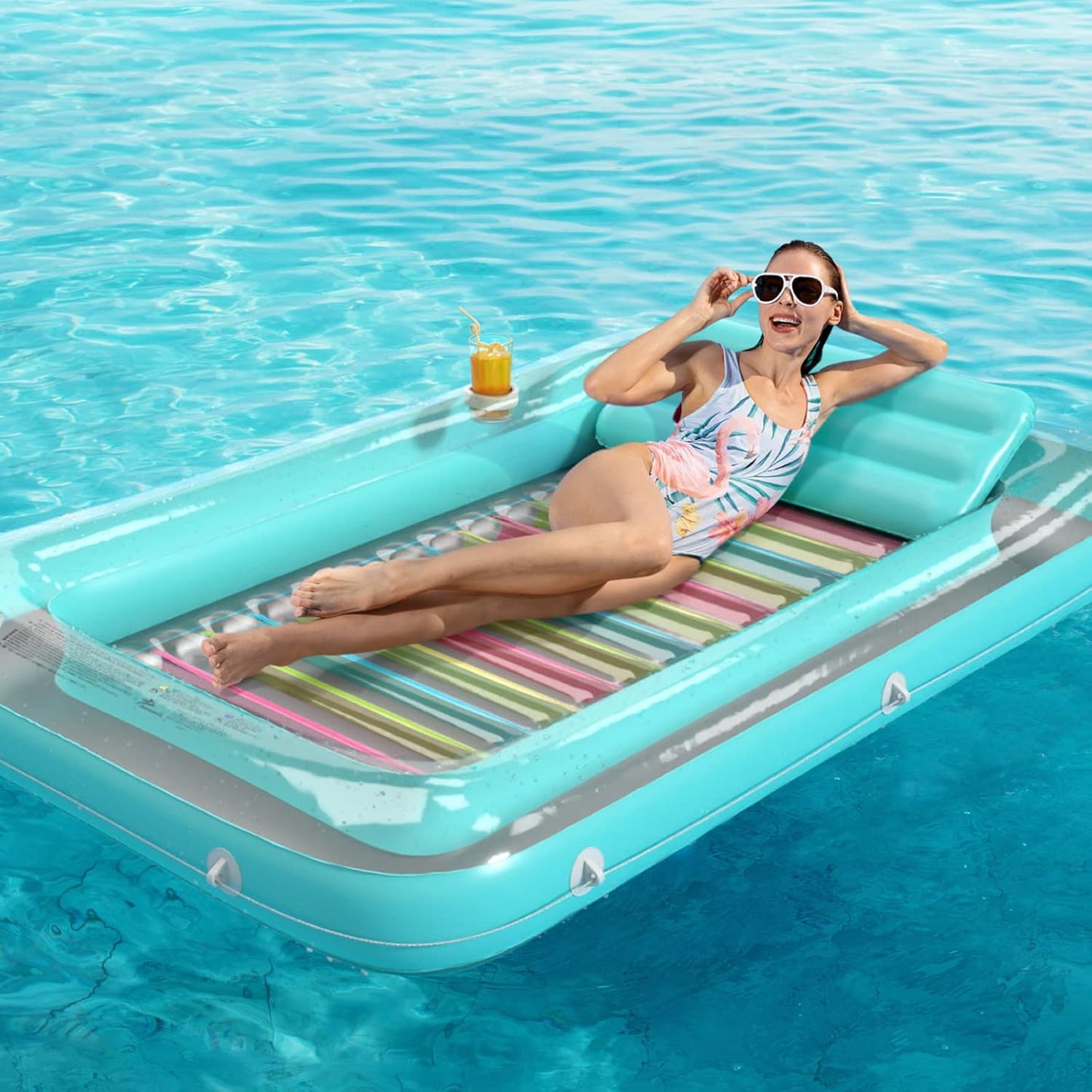 4 in 1 Inflatable Tanning Pool Lounger Float - Sunbathing Lounge Floatie Raft Toys, Water Filled Tanning Bed Mat Pad Blow up Kiddie Pool with Ball Pit for Adult, Kids (L)