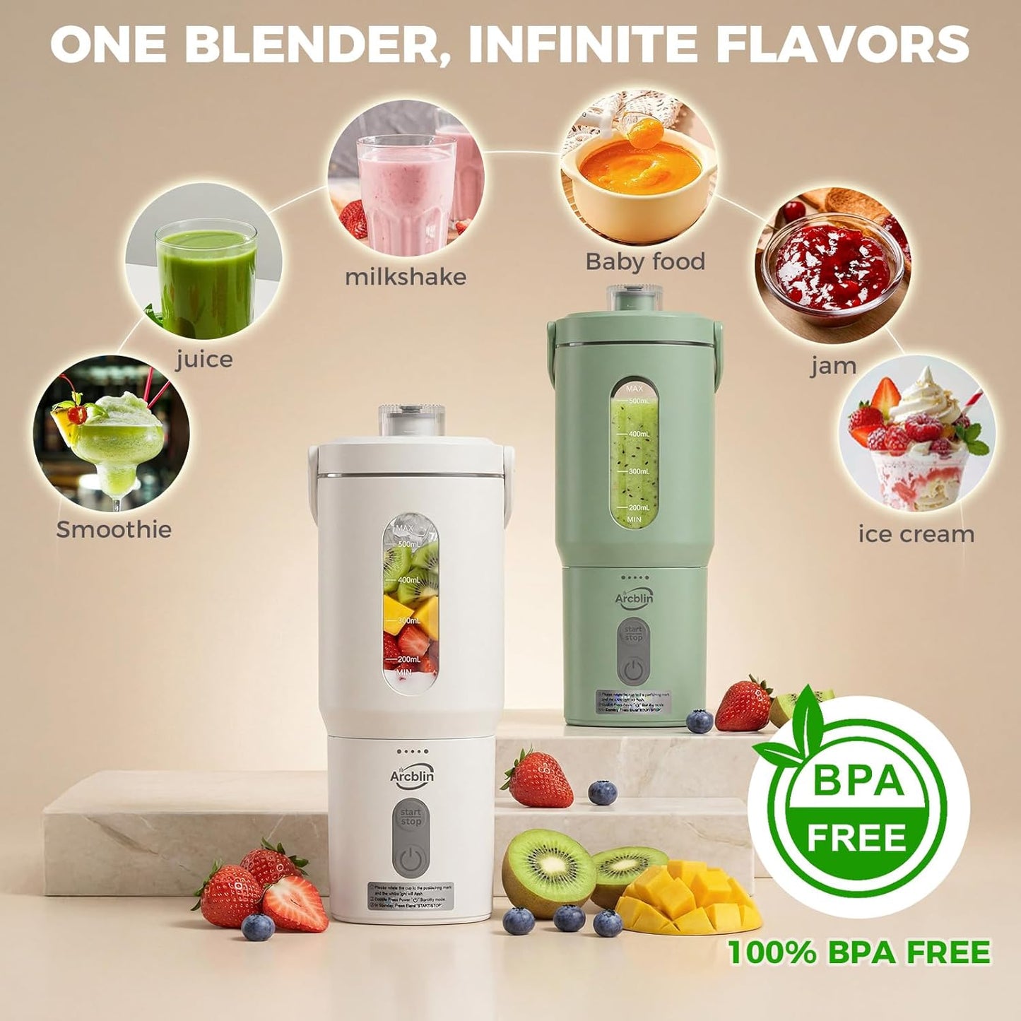 Portable Blender for Shakes and Smoothies, 17Oz Personal Blender with Detachable To-Go Cup & Carry Handle, USB-C Rechargeable Mini Juicer, Auto-Shutoff, BPA Free, Dishwasher Safe, White