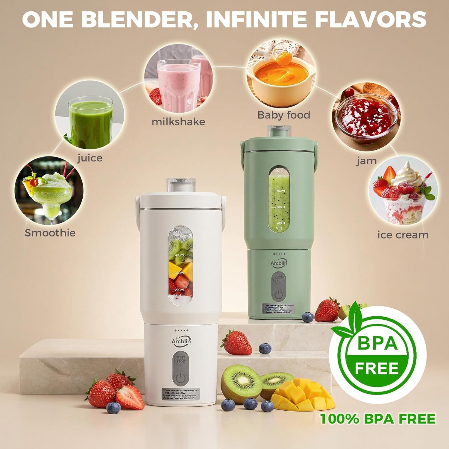 Portable Blender for Shakes and Smoothies, 17Oz Personal Blender with Detachable To-Go Cup & Carry Handle, USB-C Rechargeable Mini Juicer, Auto-Shutoff, BPA Free, Dishwasher Safe, White