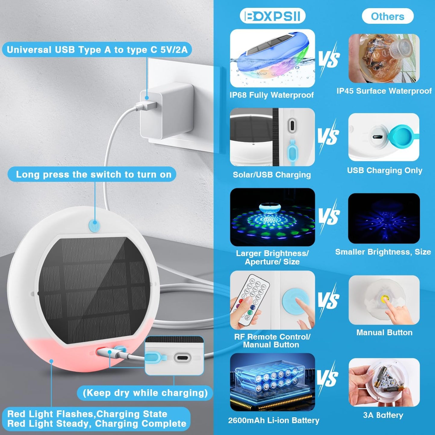 Solar Floating Pool Lights(4 PCS), USB Rechargeable Pool Lights, 2600Mah 6.7" IP68 Waterproof Pool Lights That Float with Remote, RGB 13 Colors Upper and Lower Glow Hangable Floating Light