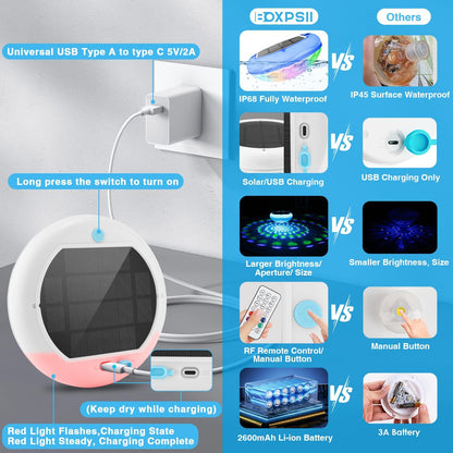 Solar Floating Pool Lights(4 PCS), USB Rechargeable Pool Lights, 2600Mah 6.7" IP68 Waterproof Pool Lights That Float with Remote, RGB 13 Colors Upper and Lower Glow Hangable Floating Light