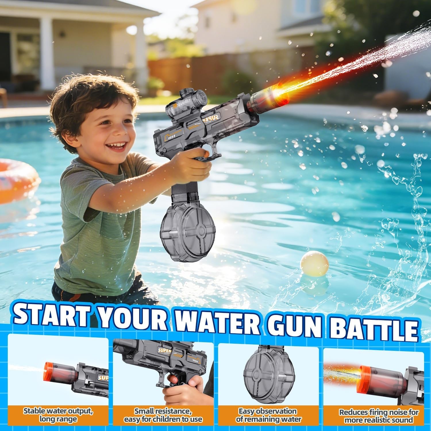 4Pcs Electric Water Gun for Kids Adults, Automatic Squirt Gun Pistol with Water Spray Sound and Led Light, Leak-Proof Rechargeable Watergun for Summer Outdoor Pool Beach Toys for Boys (Black+Blue)