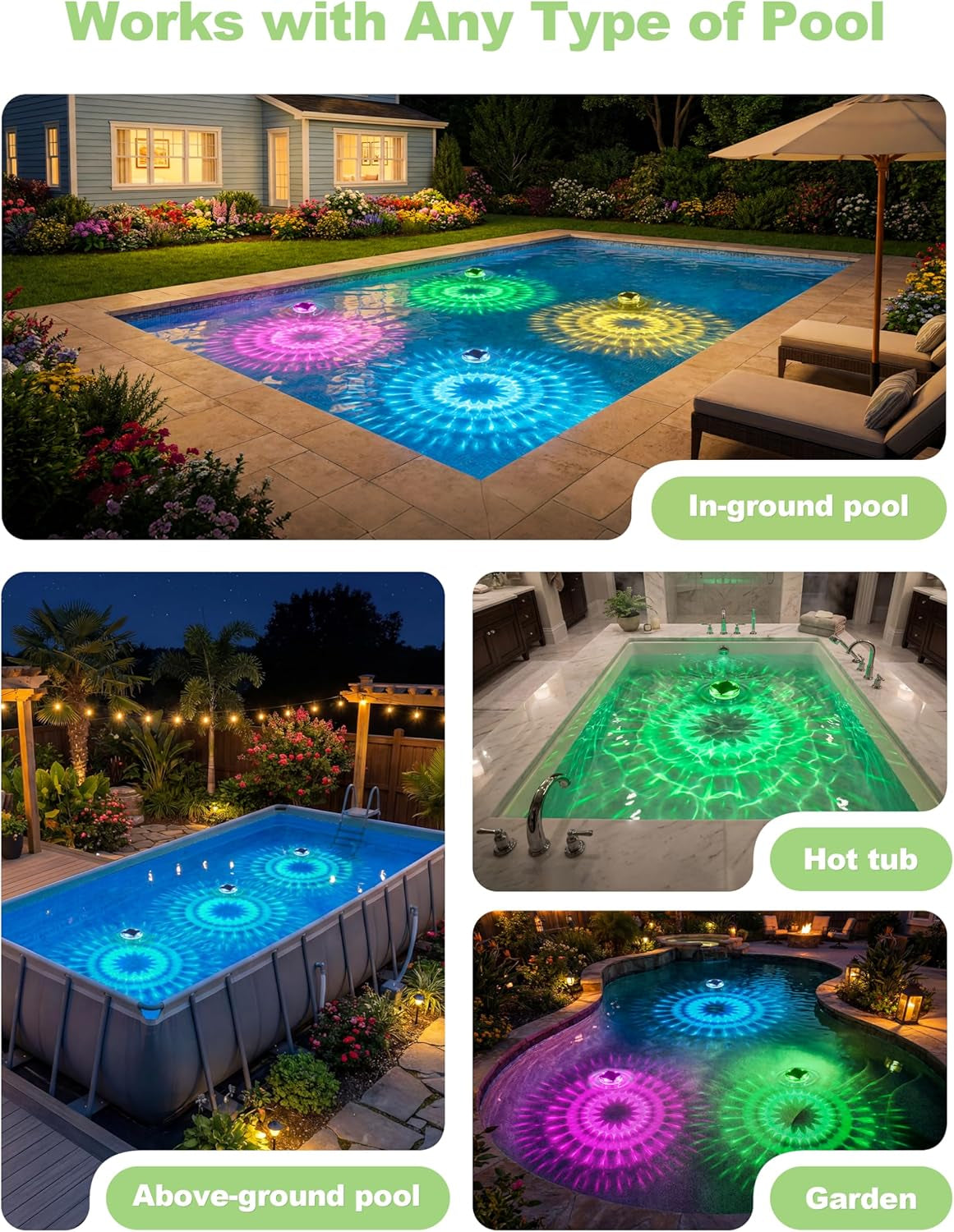 Floating Solar Pool Lights(2 Pack), IP68 Waterproof Solar Powered Pool Lights with Remote Control & Timer, 9 Lighting Colors& 3 Modes Floating Light for Inground above Ground Pool, Hot Tubs