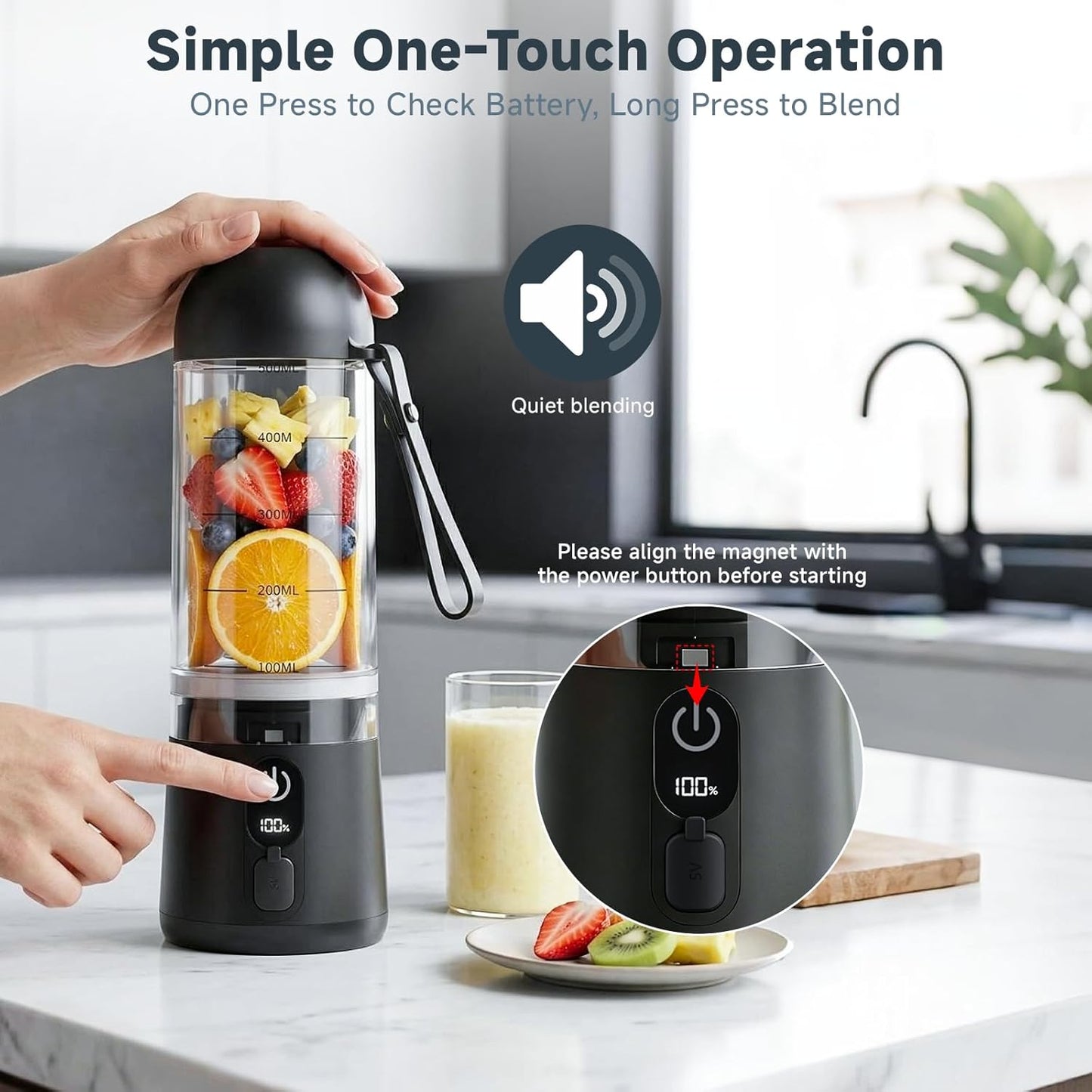 Portable Blender, 8 Blades Personal Size Smoothie Blender for Shakes, USB C Rechargeable Juicer Cup with LED Display, Travel Friendly Mini Mixer for Home, Office, Gym, 17Oz, Black
