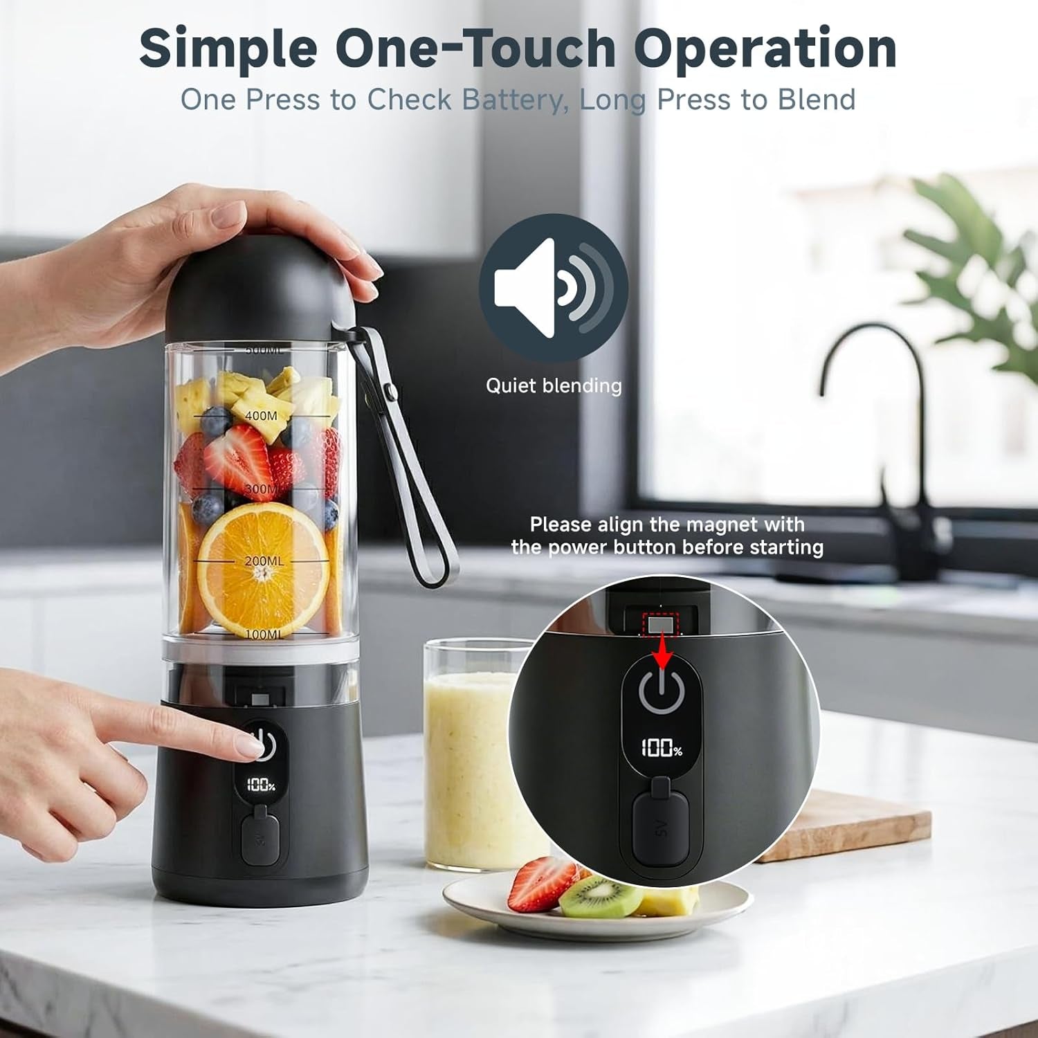 Portable Blender, 8 Blades Personal Size Smoothie Blender for Shakes, USB C Rechargeable Juicer Cup with LED Display, Travel Friendly Mini Mixer for Home, Office, Gym, 17Oz, Black