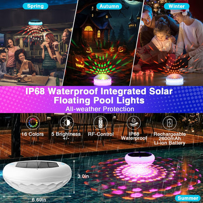 Solar Floating Pool Lights(4 PCS), USB Rechargeable Pool Lights, 2600Mah 6.7" IP68 Waterproof Pool Lights That Float with Remote, RGB 13 Colors Upper and Lower Glow Hangable Floating Light