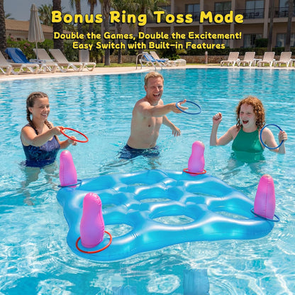 2 in 1 Pool Toys Games Set Inflatable Pool Float with 10 Balls & 8 Rings Tic-Tac-Toe Pool Games for Adults Kids, Fun Summer Party Beach Outdoor Yard Pool Game