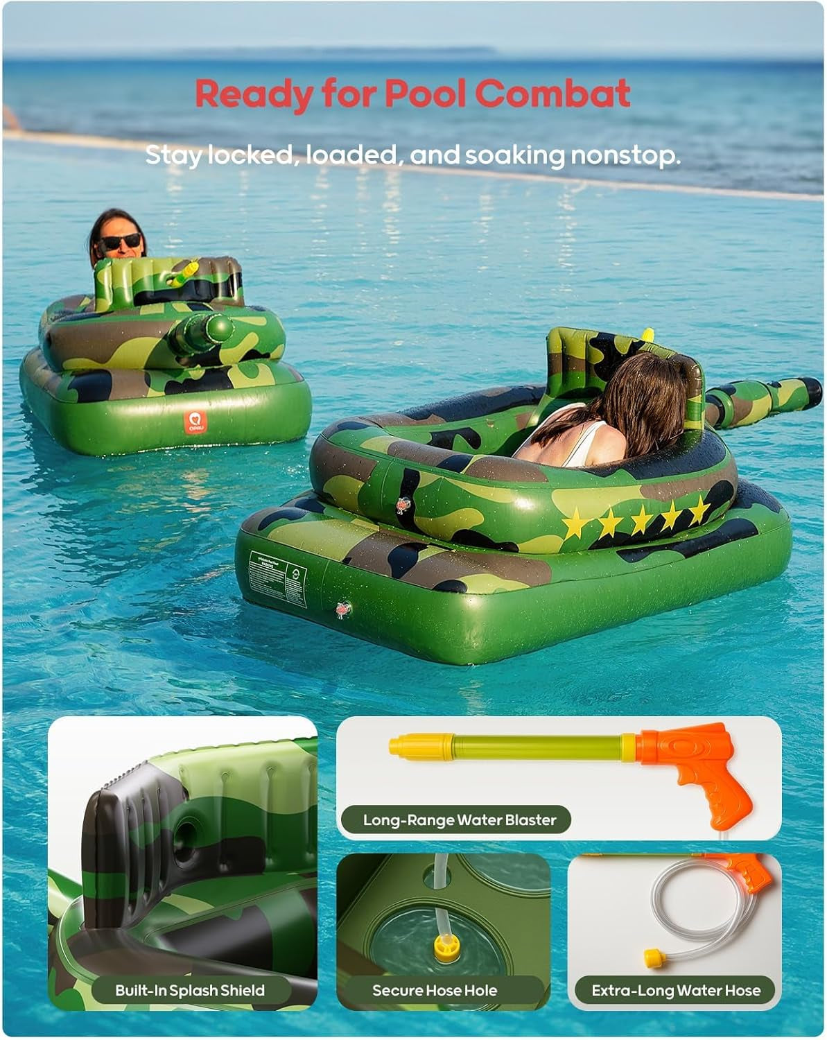 Inflatable Tank Pool Float for Adults & Kids – Ride-On Camouflage Floaty with Water Cannon, Swim Raft Toy for Boys Girls, Lake Beach Backyard Party Floaties