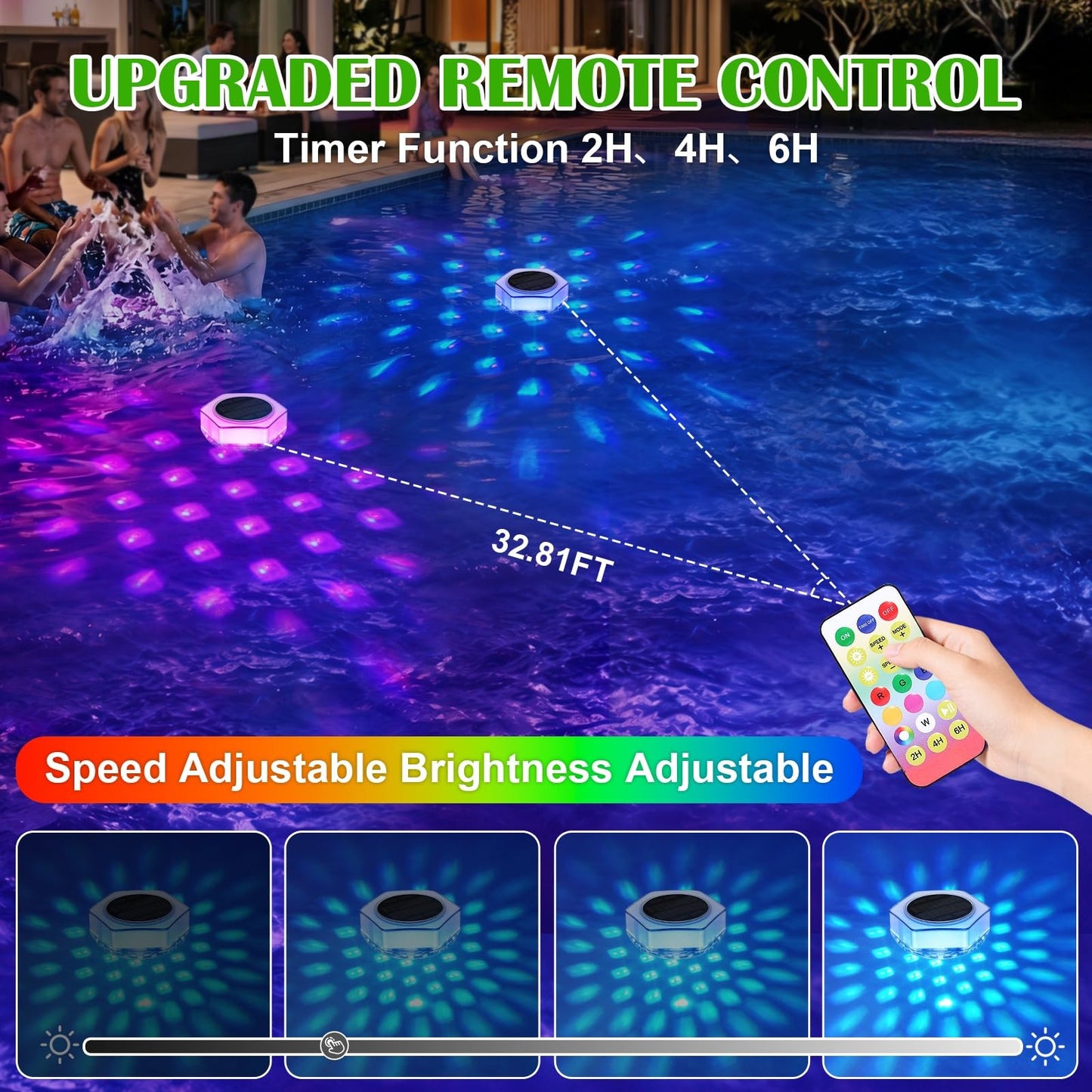 Solar Floating Pool Lights with Remote Control - 7 Modes, IP68 Waterproof