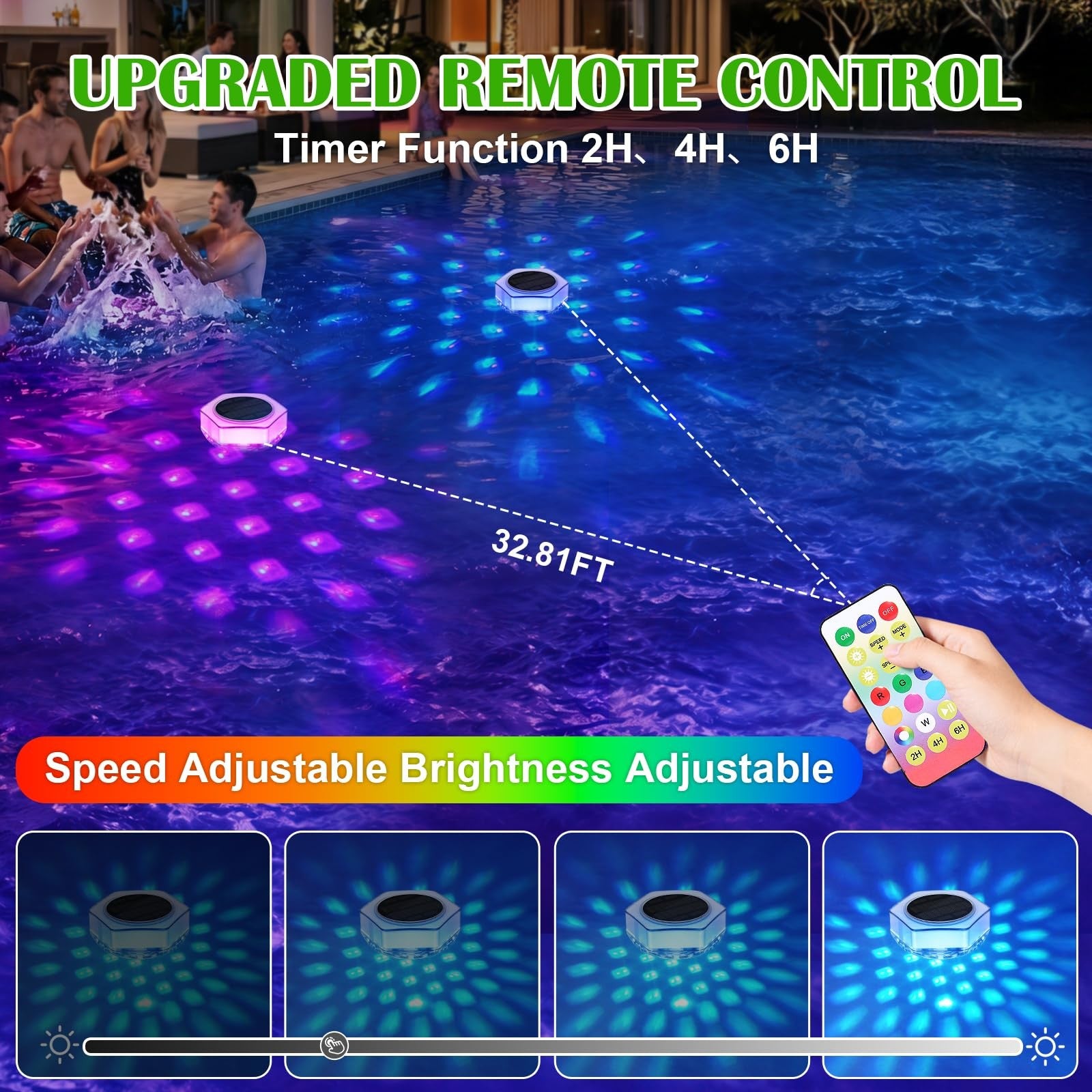 Solar Floating Pool Lights with Remote Control - 7 Modes, IP68 Waterproof