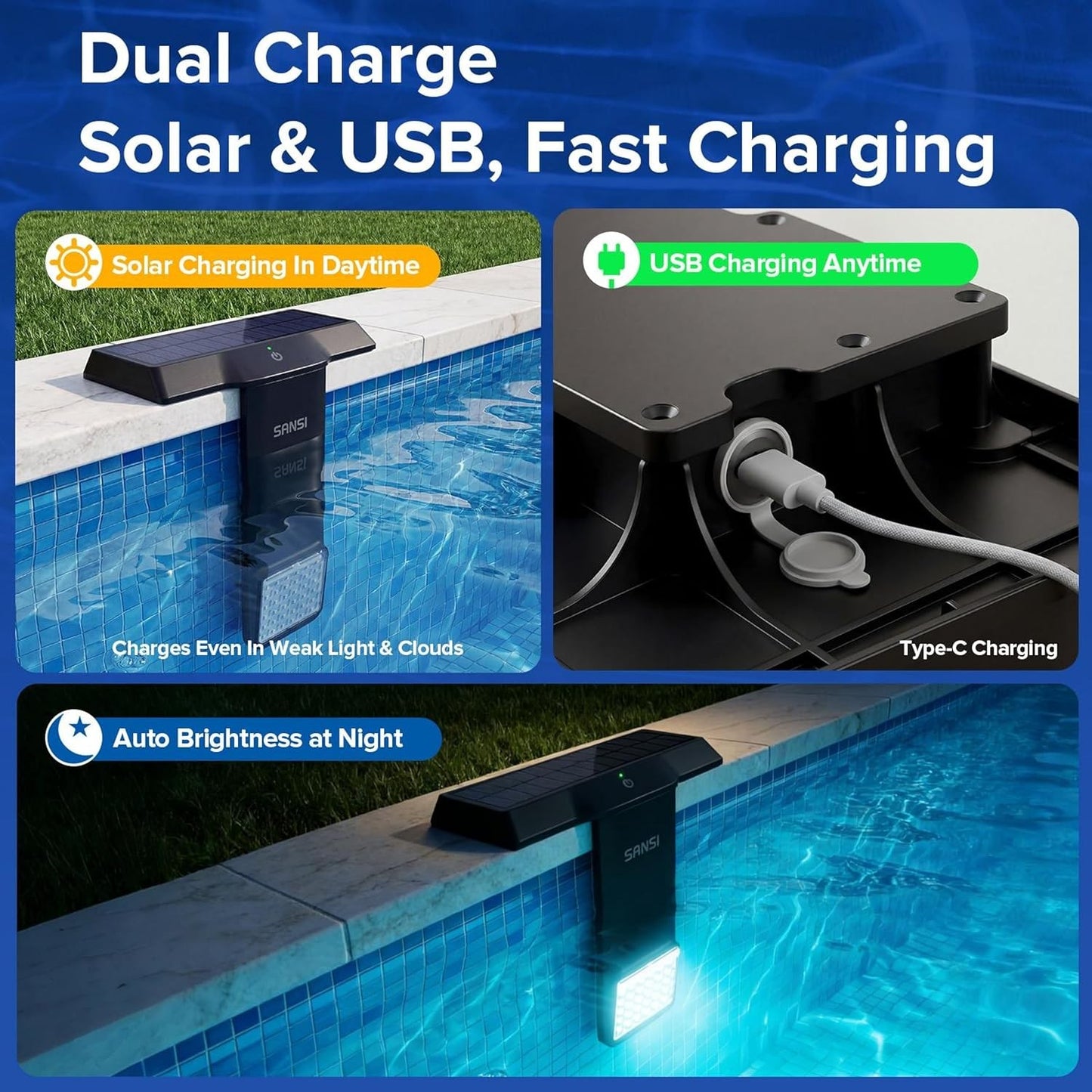 SANSI Solar Pool Lights Inground & above Ground Pool IP68 Waterproof with Remote
