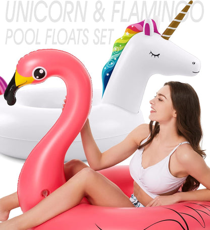 Inflatable Unicorn Flamingo Pool Floats -  2 Pack Pool Floaties Inflatables Rafts for Swimming Pool Tubes for Floating Lake Beach Floaty Swim Rings Pool Party Toys for Adults Kids