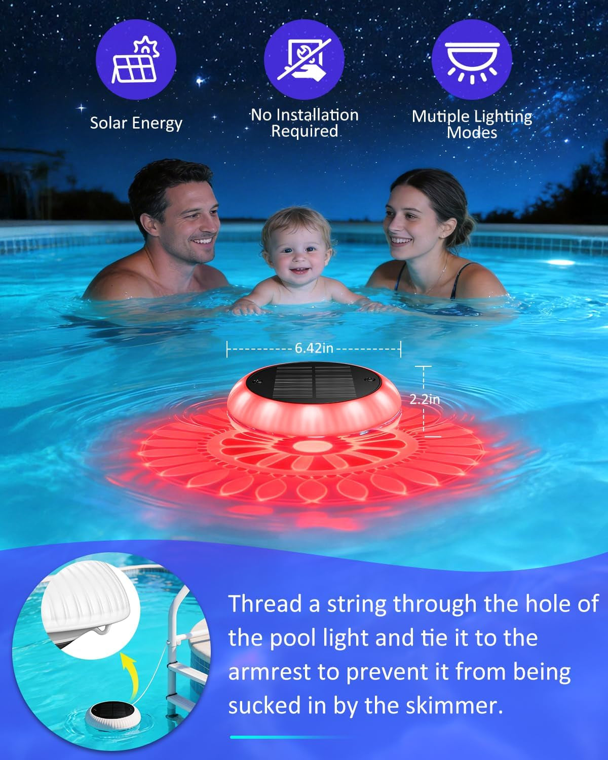 Solar Floating Pool Lights - Pool Lights, 18 RGB Lighting Modes, IP68 Waterproof, for Inground and above Ground Pool, Pool Party, Bathroom, Bathtub, Garden, Pond Decor（2Pcs）