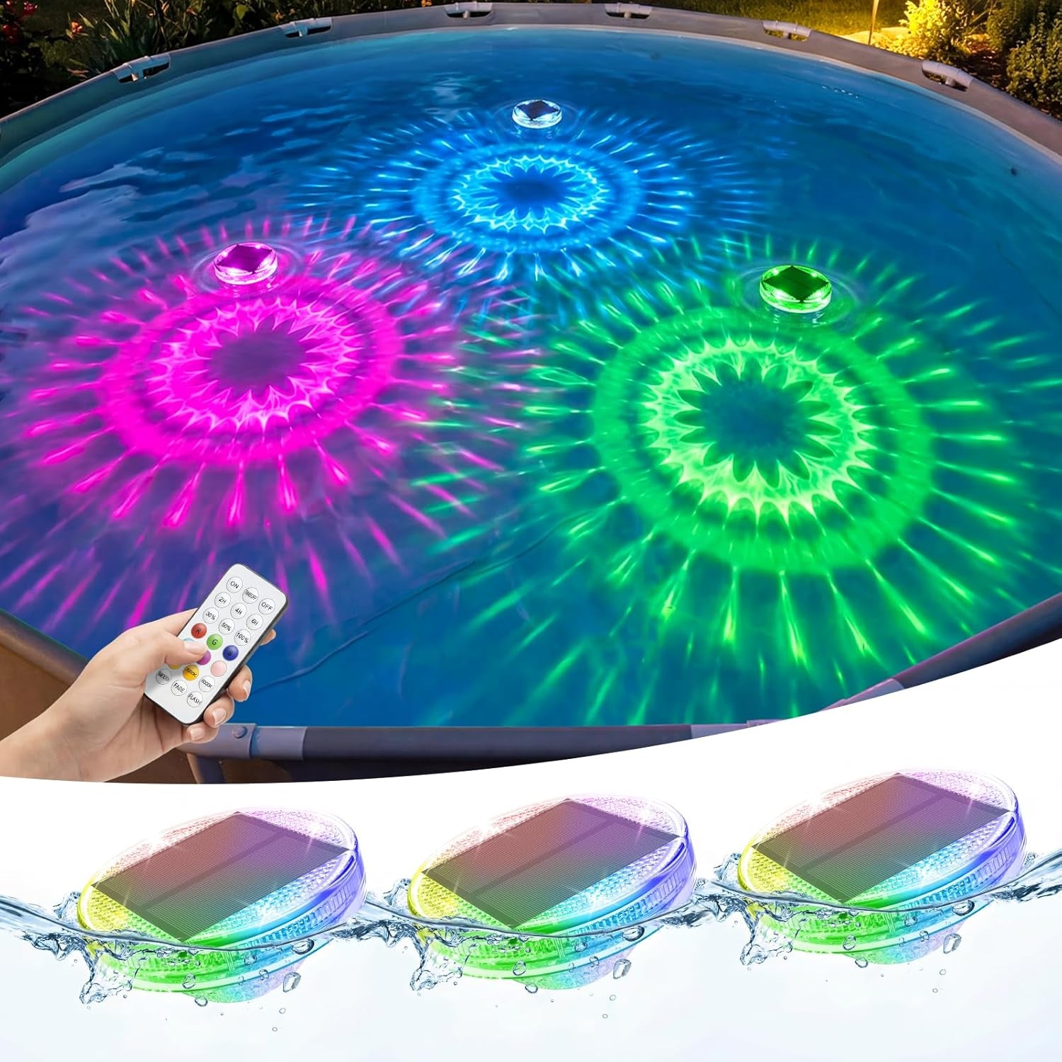 Floating Solar Pool Lights(3 Pack), IP68 Waterproof Solar Powered Pool Lights with Remote Control & Timer, 9 Lighting Colors& 3 Modes Pool Light for Inground above Ground Pool, Hot Tubs