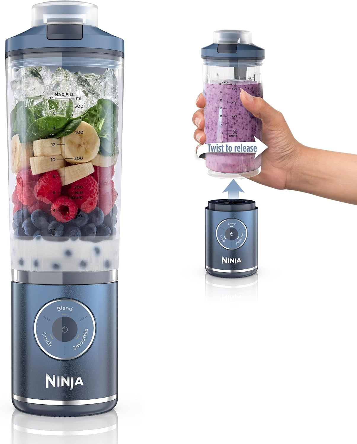 Ninja Blast Max, Portable Blender + Twist & Go, Personal Smoothie, Blend, Ice Crush, 3 Programs, Cordless, 22 Oz Removable Vessel, Dishwasher Safe, Leakproof, Navy, BC251NV