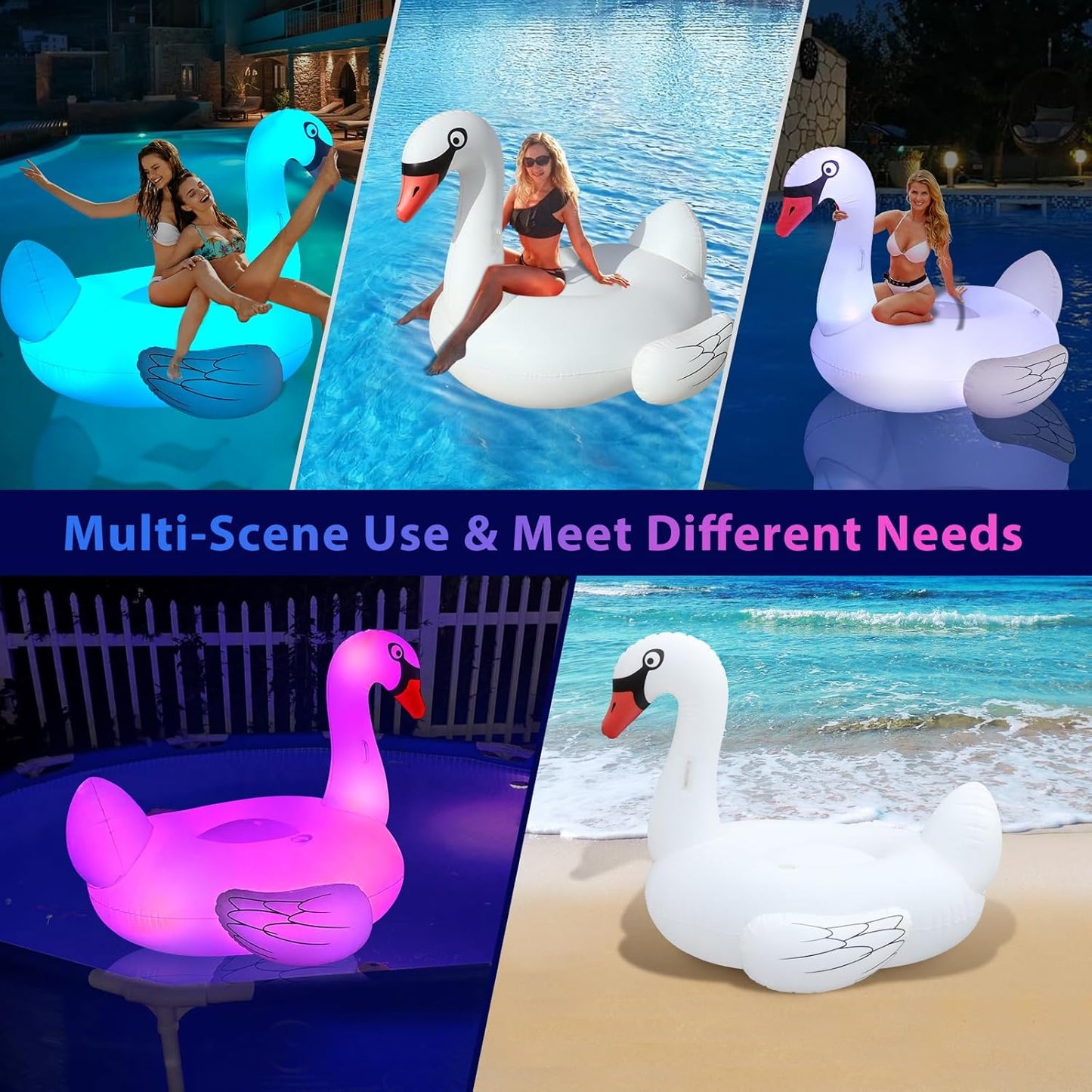 Big Swan Pool Floats Solar Powered Flamingo Pool Floats Adult W/Led Color Changing Lights, 69'' Large Inflatable Pool Floaties W/Cup Holder, Lake Float Lounger, Giant Light up Flamingo Pool Float