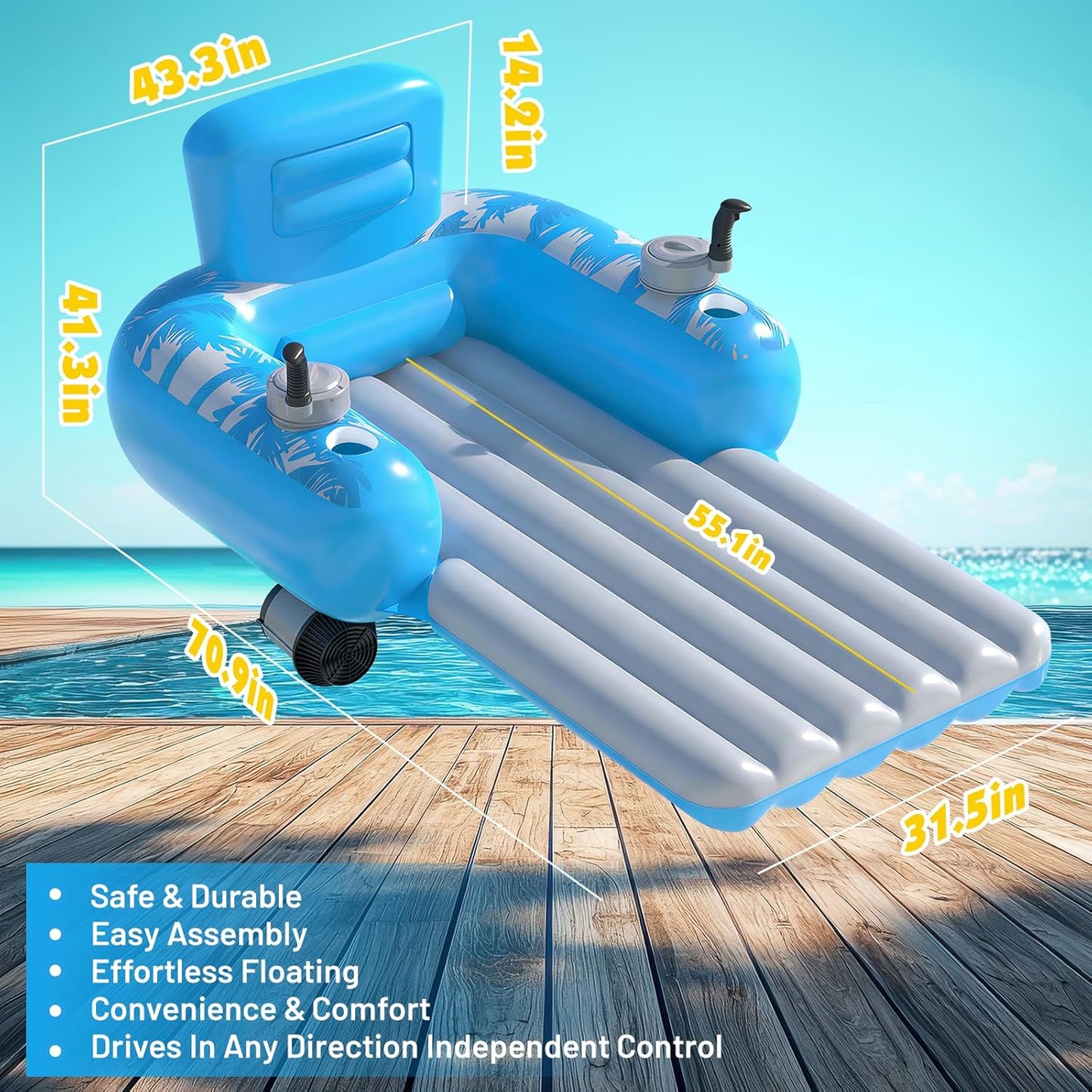Inflatable Motorized Pool Floats for Adults - Rechargeable Pool Lounger with Dual Motors & 2 Storage Compartments, Electric Water Lounger Float, Pool Raft Holds up To250Lb, Pool Toys Adults