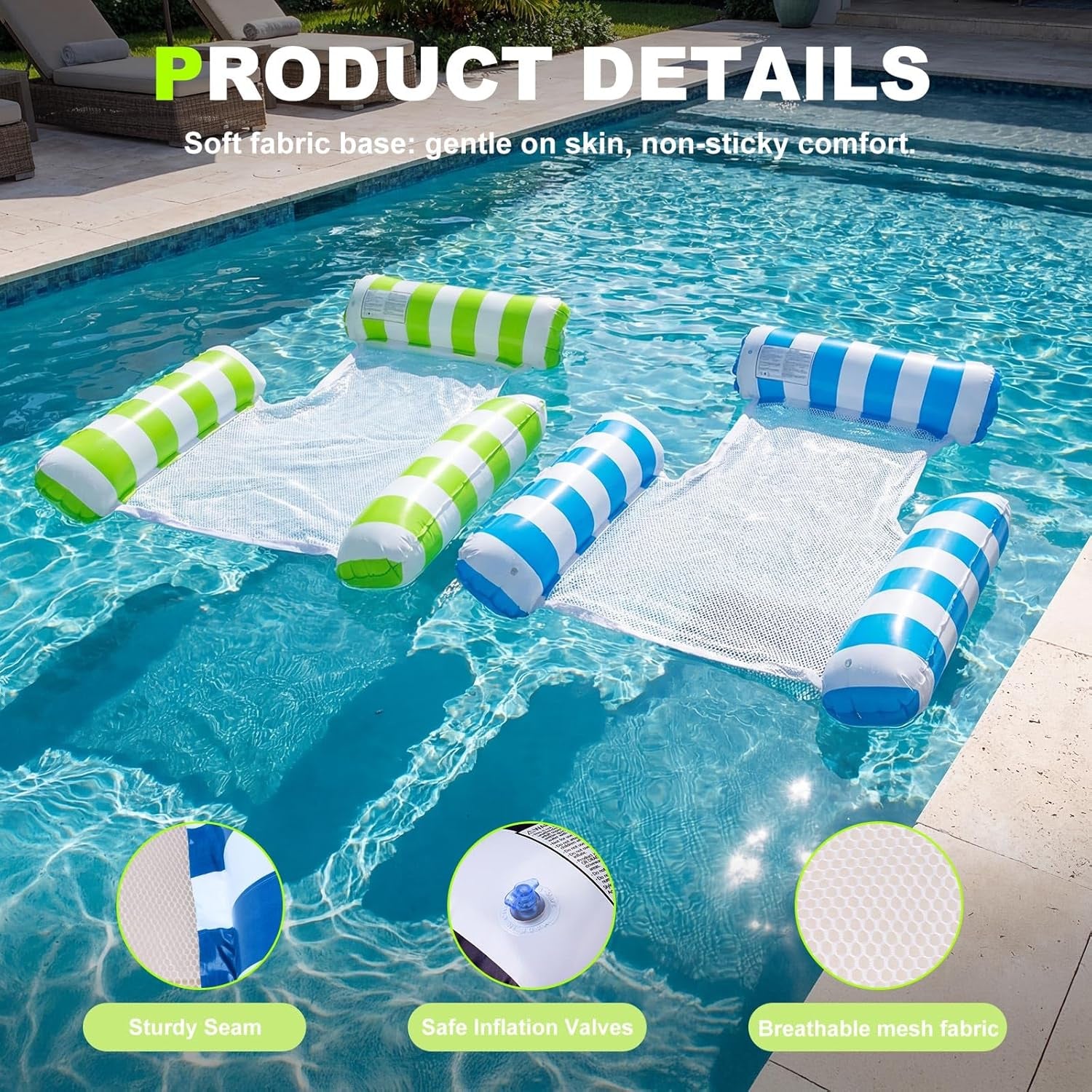 Inflatable Pool Floats Adult, 2 Pack Thick Pool Floaties Heavy Duty, Non-Stick PVC Rafts Chairs with Mesh Seat, Hammock Noodles Lounger for Summer Water Party Lake Beach