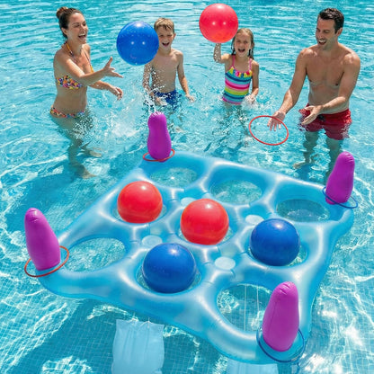 2 in 1 Pool Toys Games Set Inflatable Pool Float with 10 Balls & 8 Rings Tic-Tac-Toe Pool Games for Adults Kids, Fun Summer Party Beach Outdoor Yard Pool Game