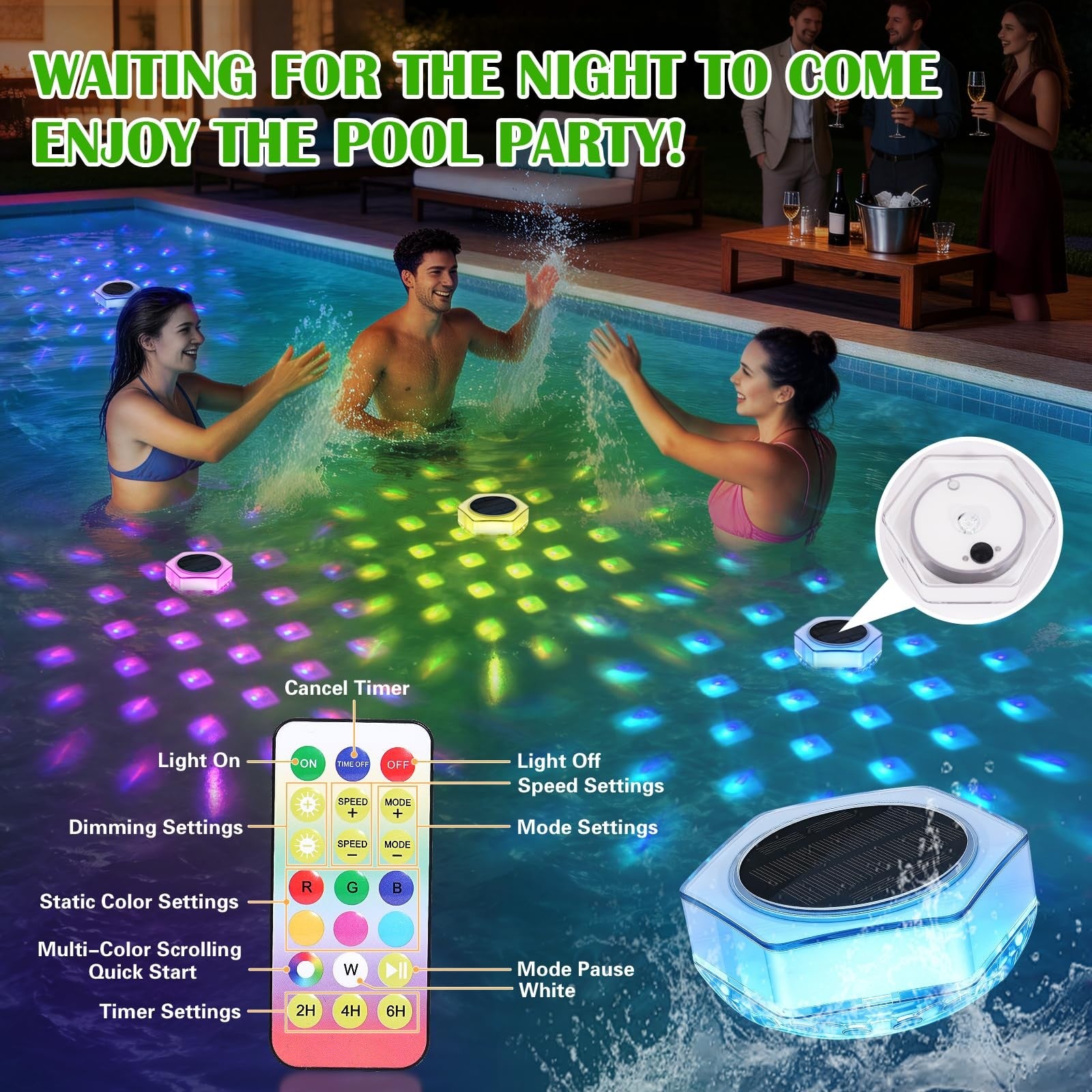 Solar Floating Pool Lights with Remote Control - 7 Modes, IP68 Waterproof