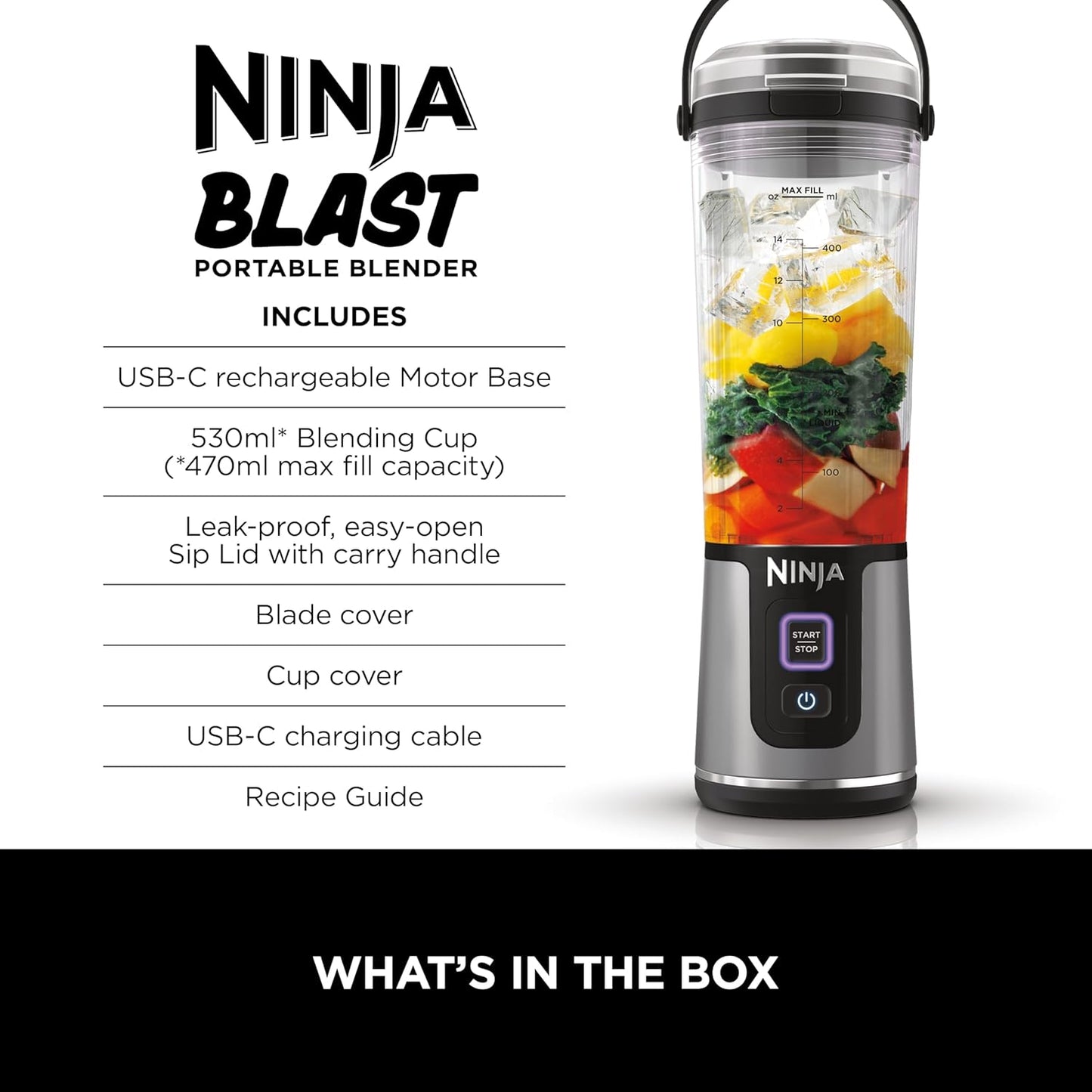 Portable Blender | Cordless | 18-Oz. Vessel | Personal Mixer for Shakes & Smoothies | BPA Free | Leakproof Lid & Sip Spout | USB-C Rechargeable | Dishwasher Safe Parts | Black | BC151BK