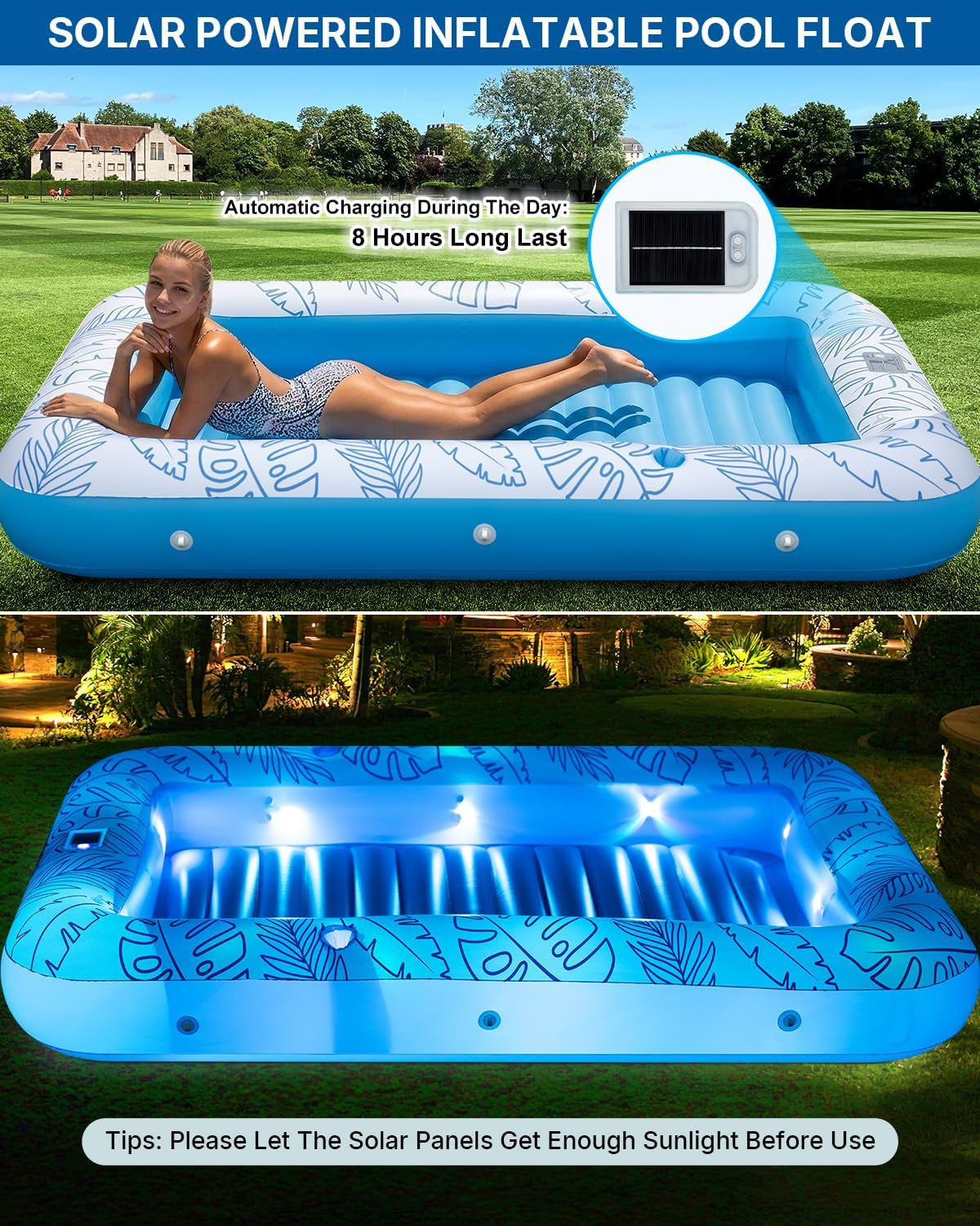XL Inflatable Tanning Pool Float for 2 Adults with Lights,4 in 1 Suntan Tub Raft Float with Pillow, Cup Holders,85" X 59" Extra Large Blow up Pool Floats for Sunbathing, Pool, Backyard, Beach, Lake