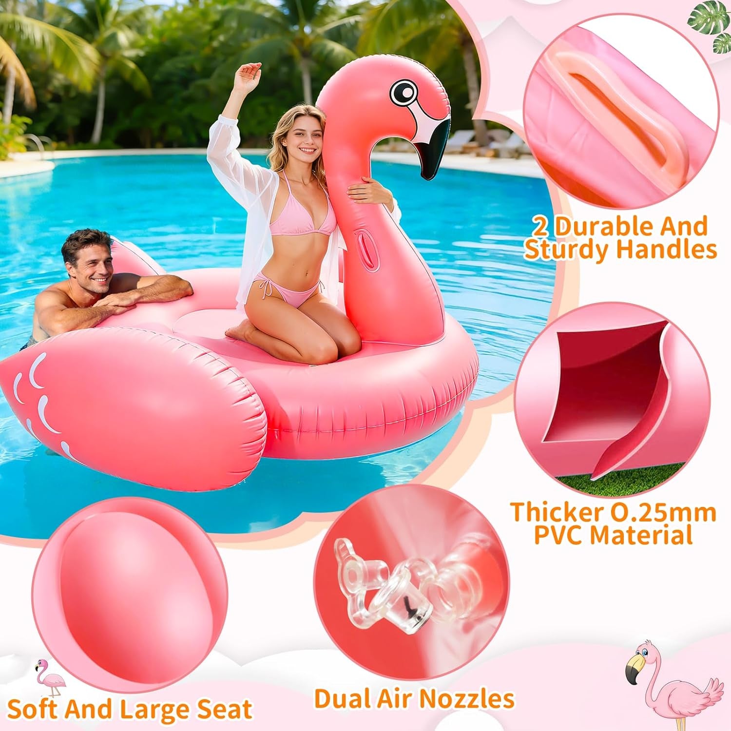 102" Giant Flamingo Pool Float Inflatable Summer Beach Float Swimming Pool Party Toys Ride-On Lounge Raft Water Pool Floatie for 2-4 Multi Players Adults Lake Floats, Flamingo
