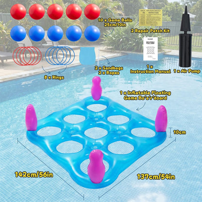2 in 1 Pool Toys Games Set Inflatable Pool Float with 10 Balls & 8 Rings Tic-Tac-Toe Pool Games for Adults Kids, Fun Summer Party Beach Outdoor Yard Pool Game